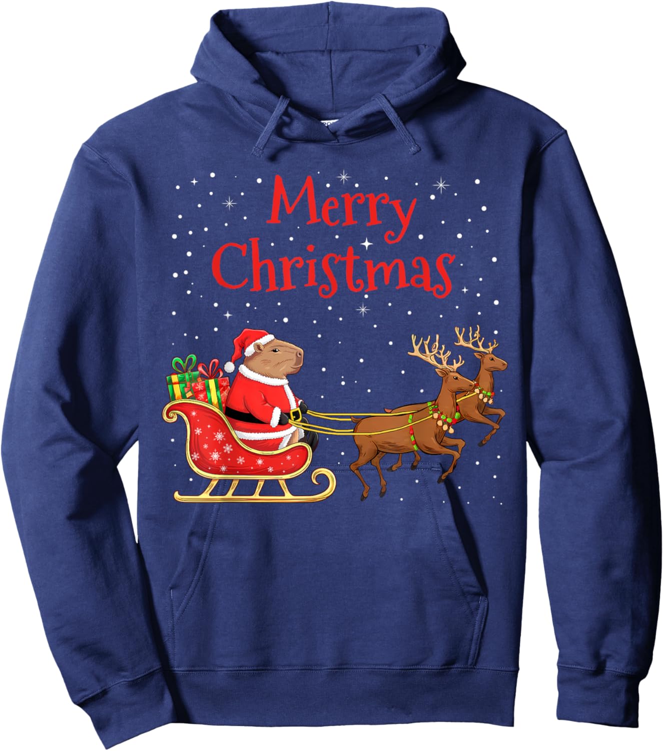 Merry Christmas Capybara Riding Santa Sleigh With Reindeer Hoodie - Hoodie | Navy