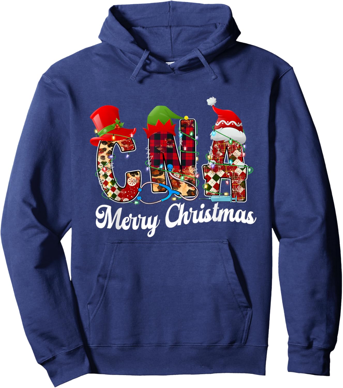 Leopard Red Plaid CNA Nurse Santa Hat Elf Christmas Lights Hoodie - Hoodie | Navy