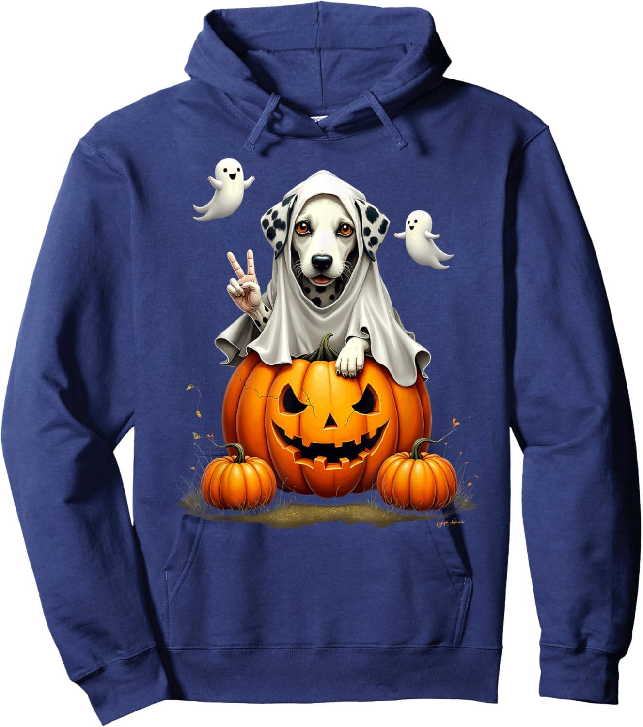 Pumpkin Boo Ghost Dalmatian Dog Halloween Costume Men Women Kids Hoodie - Hoodie | Navy