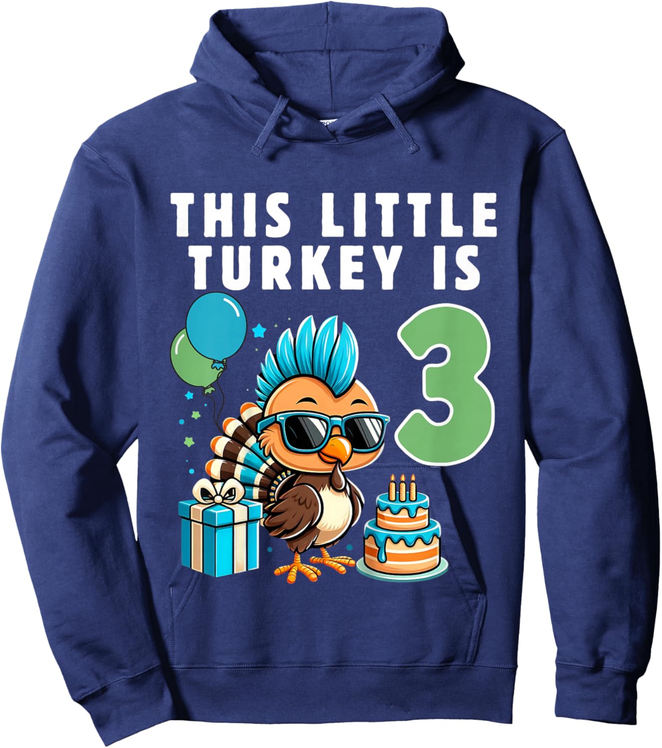 Kids This Little Turkey is 3, Boys 3rd Birthday Kids Thanksgiving Hoodie - Hoodie | Navy