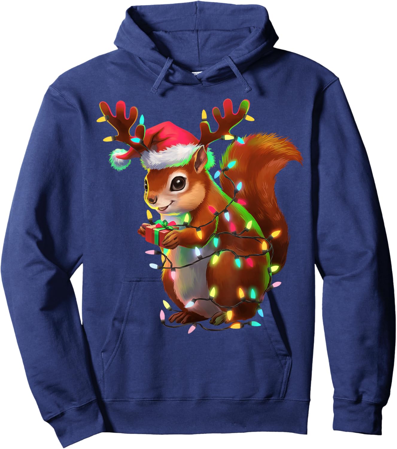 Christmas Squirrel Lights Santa Hat Xmas Family Men Women Hoodie - Hoodie | Navy