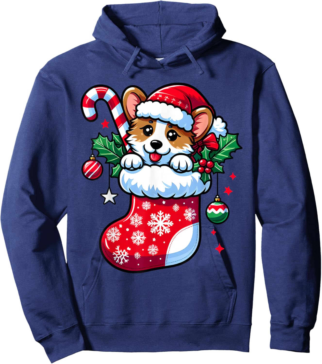 Cute Christmas Candy Cane Santa Corgi Dog in Xmas Stocking Hoodie - Hoodie | Navy