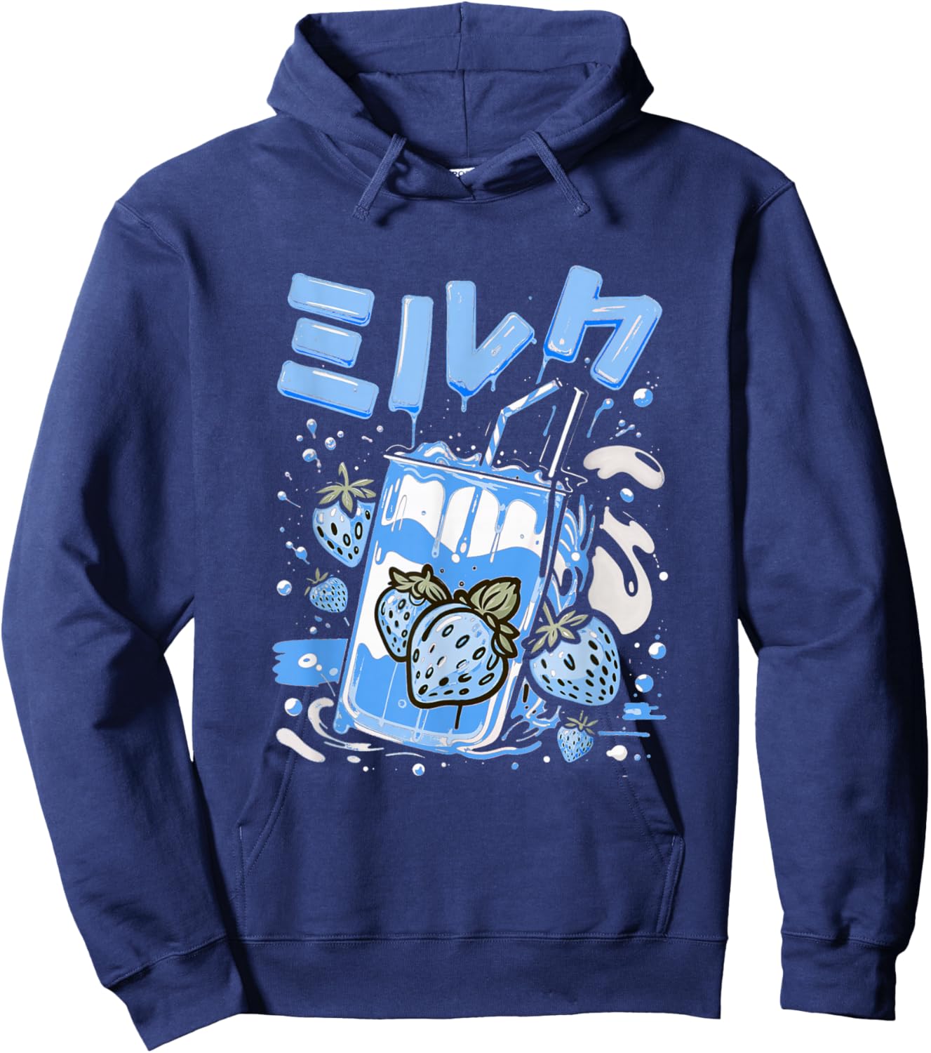 Blue Strawberry Milk Blue Color Graphic Hoodie - Hoodie | Navy
