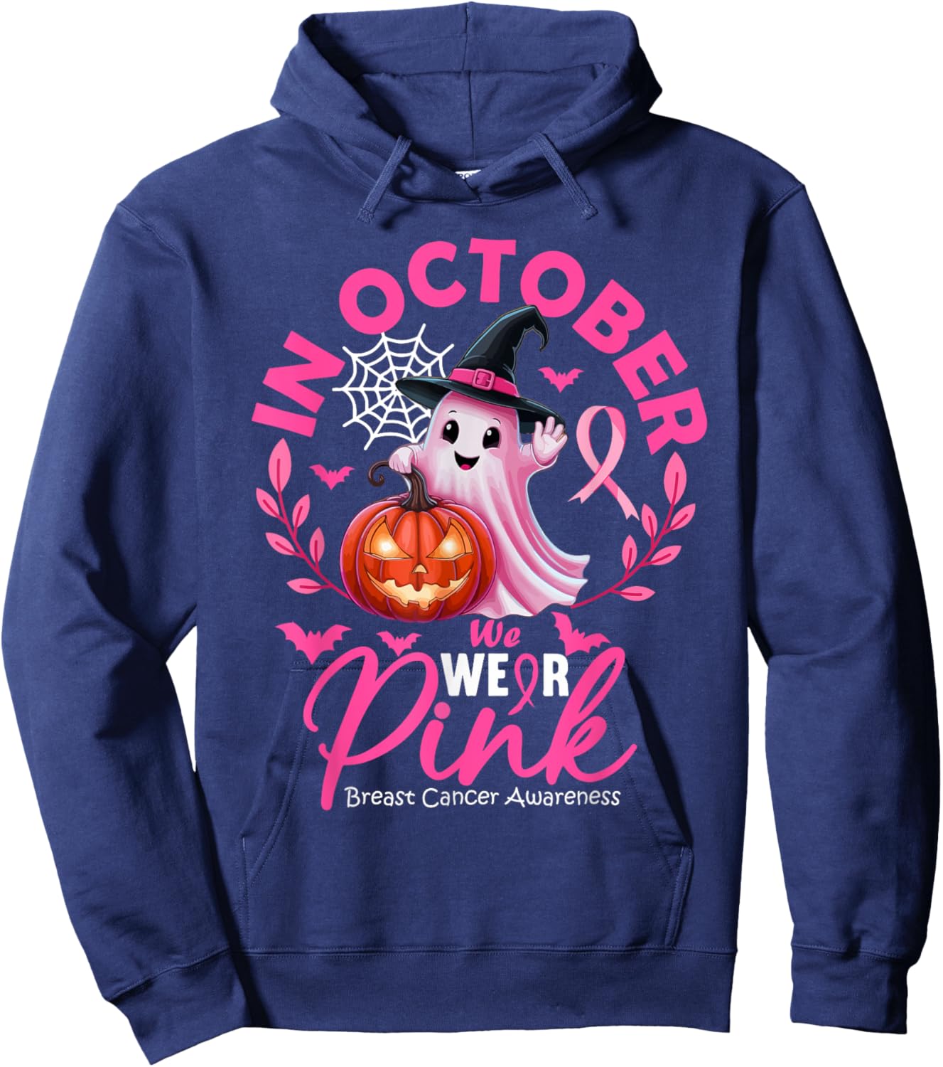 In October We Wear Pink Ghost Witch Breast Cancer Halloween Hoodie - Hoodie | Navy