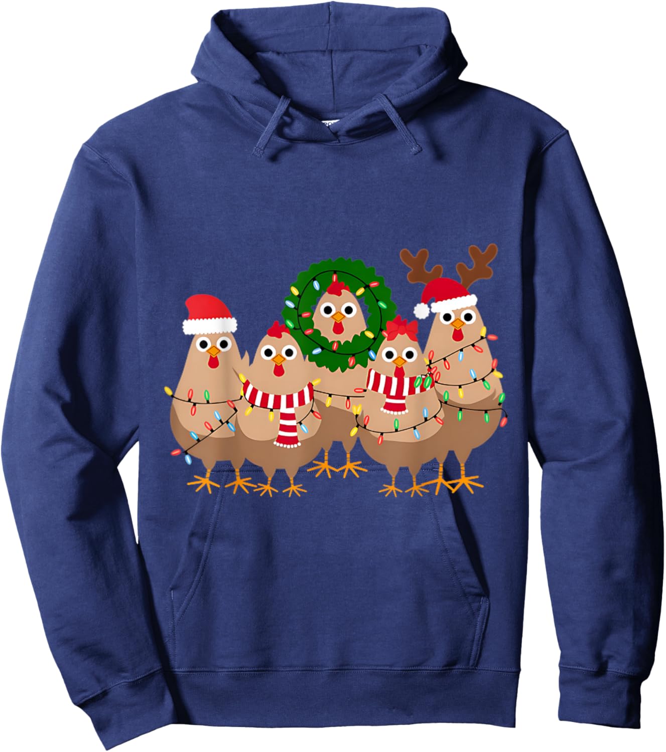 Funny Christmas Chicken - Black, Small, -Adult, Christmas, Modern, Cartoon, Imported, Polyester 100%, Short Sleeve, Pull On Hoodie - Hoodie | Navy