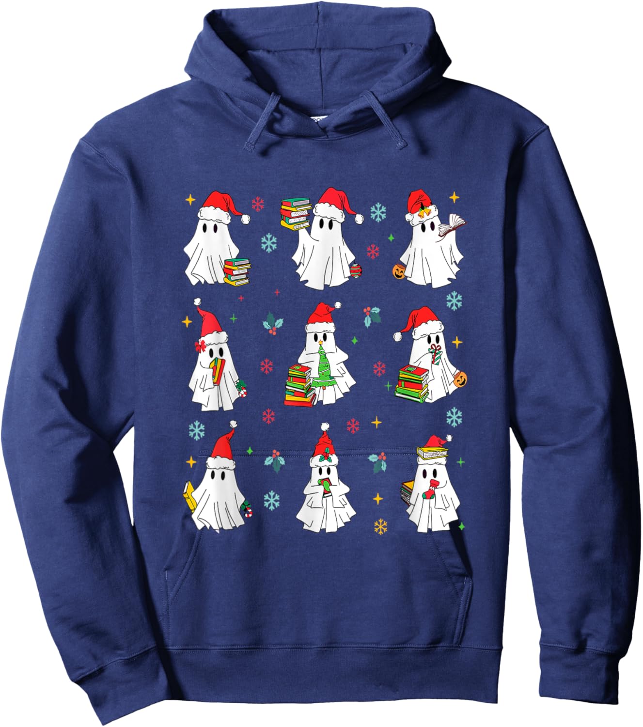 Ghosts Wearing Santa Hats Reading Books Christmas Book Lover Hoodie - Hoodie | Navy