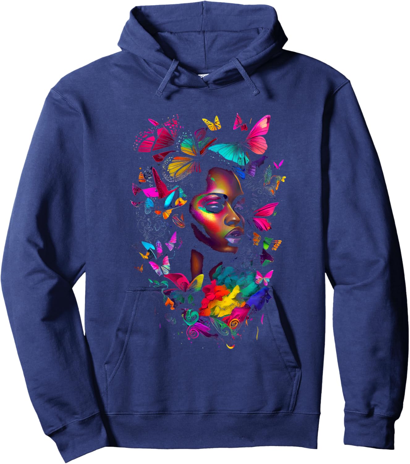 Black Woman Flowers Butterflies African American Art Hoodie - Hoodie | Navy