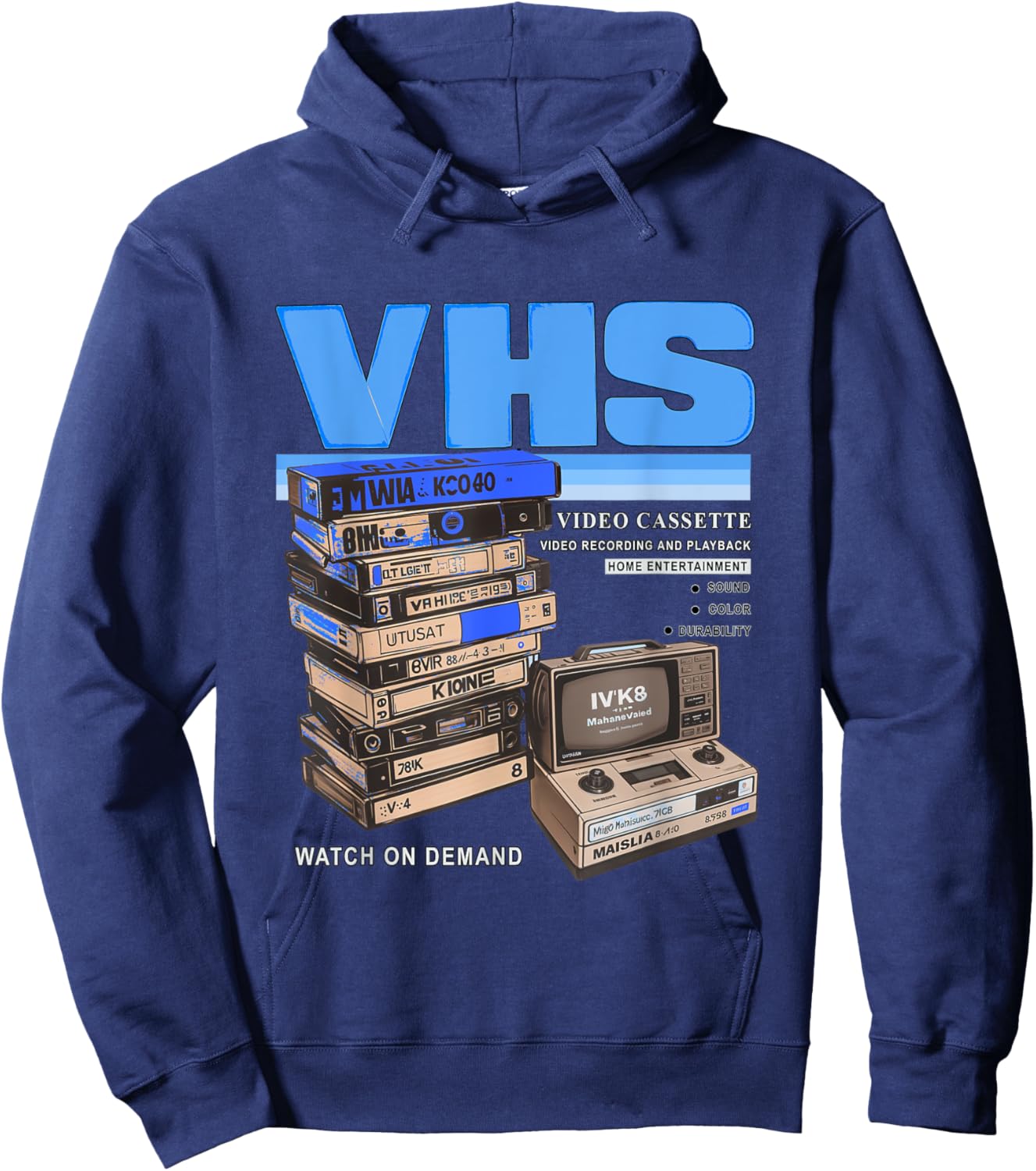 Blue VHS and Chill Blue Color Graphic Hoodie - Hoodie | Navy