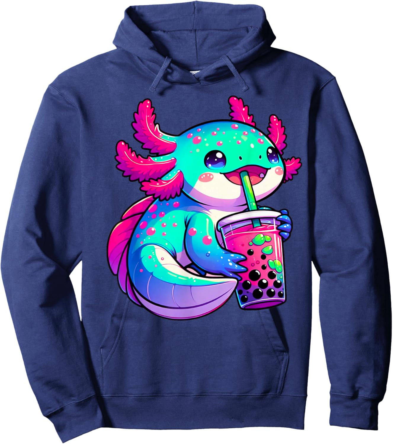 Axolotl Bubble Boba Tea Anime Cute Kawaii Blue Axolotl Hoodie - Hoodie | Navy
