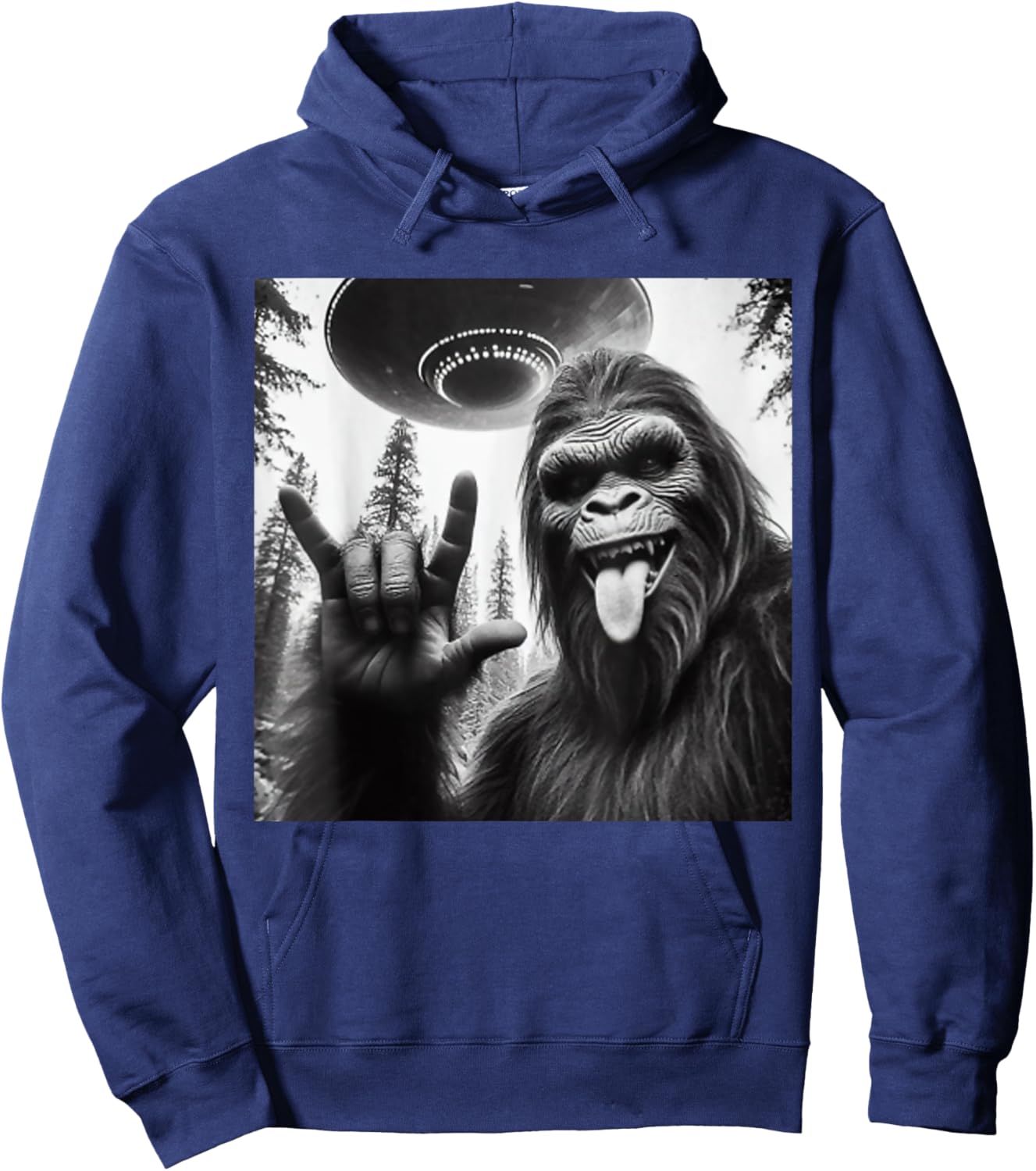 Funny Sasquatch Bigfoot Rock On Selfie With UFO Alien Hoodie - Hoodie | Navy