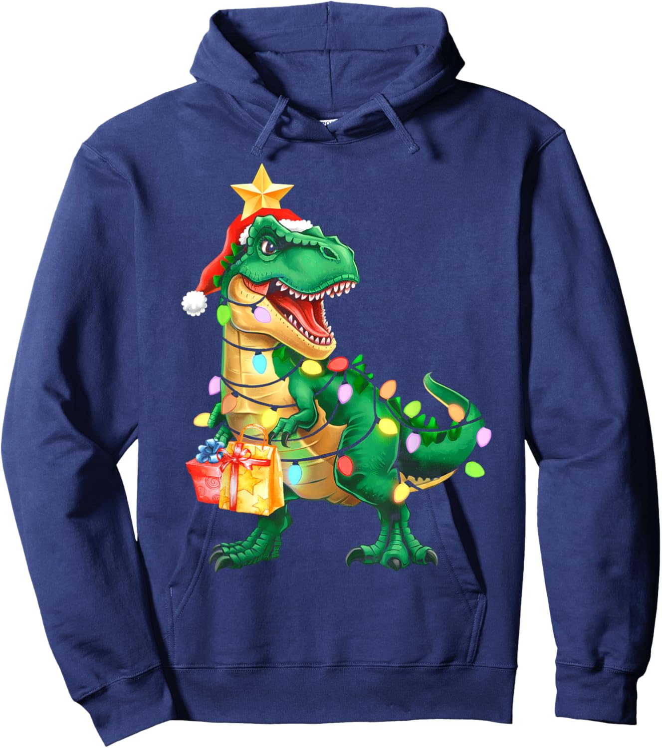 Christmas Shirts For Kids Xmas Tree Lights Dinosaur Boys Hoodie - Hoodie | Navy