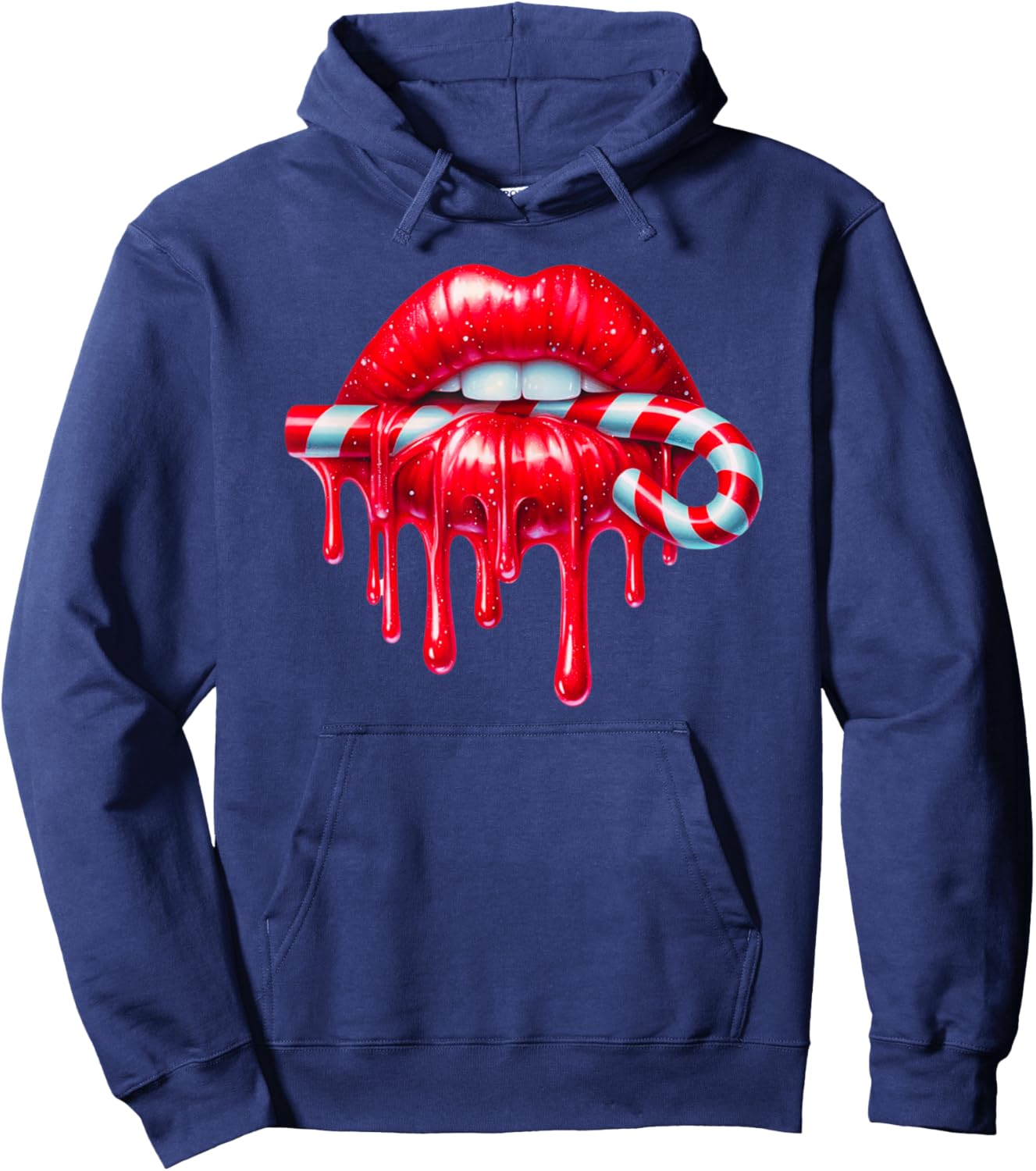 Sexy Lips Red Lipstick Kiss Dripping Candy Cane Christmas Hoodie - Hoodie | Navy