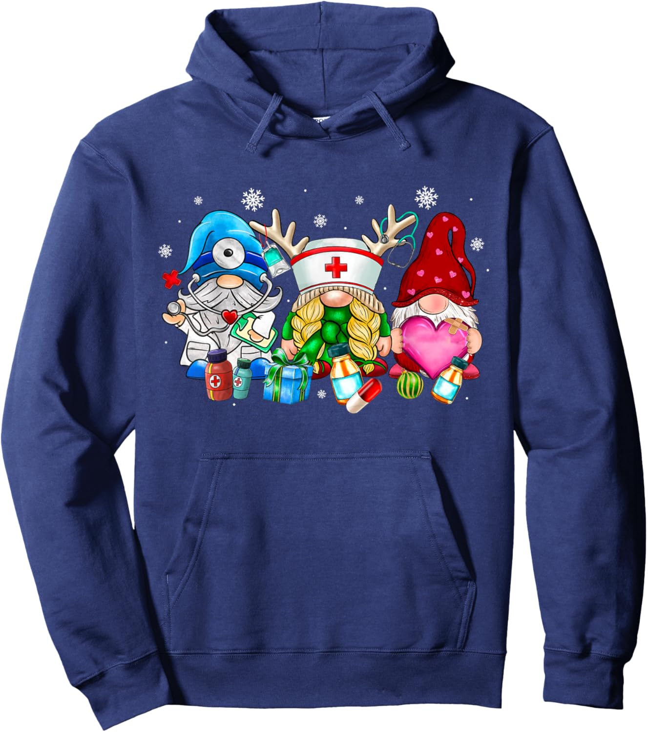 Cute Gnomes Nurse Christmas Scrub Top Nurses Women Pajamas Hoodie - Hoodie | Navy