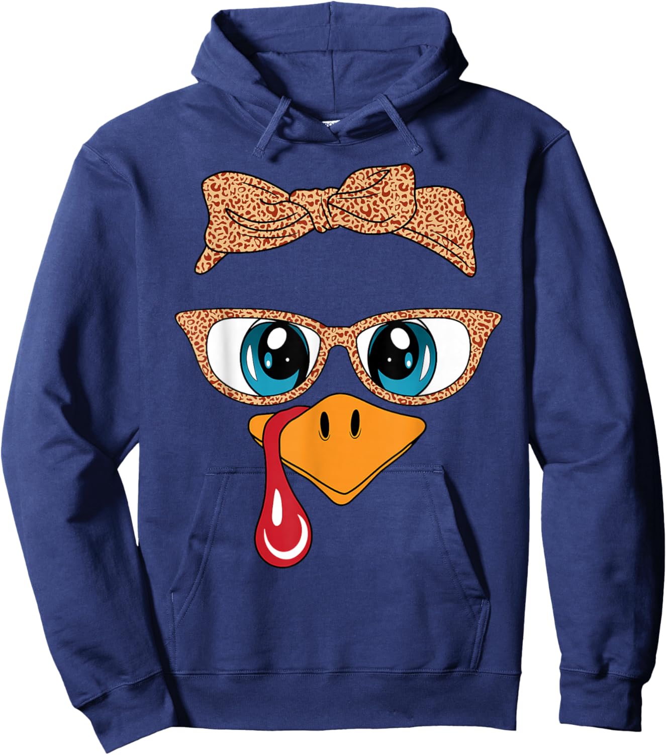 Women Turkey Face Leopard Glasses Funny Thanksgiving Women Hoodie - Hoodie | Navy