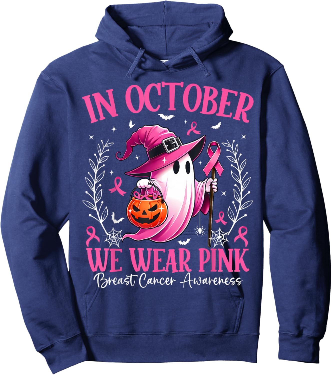 In October We Wear Pink Breast Cancer Awareness Halloween Hoodie - Hoodie | Navy