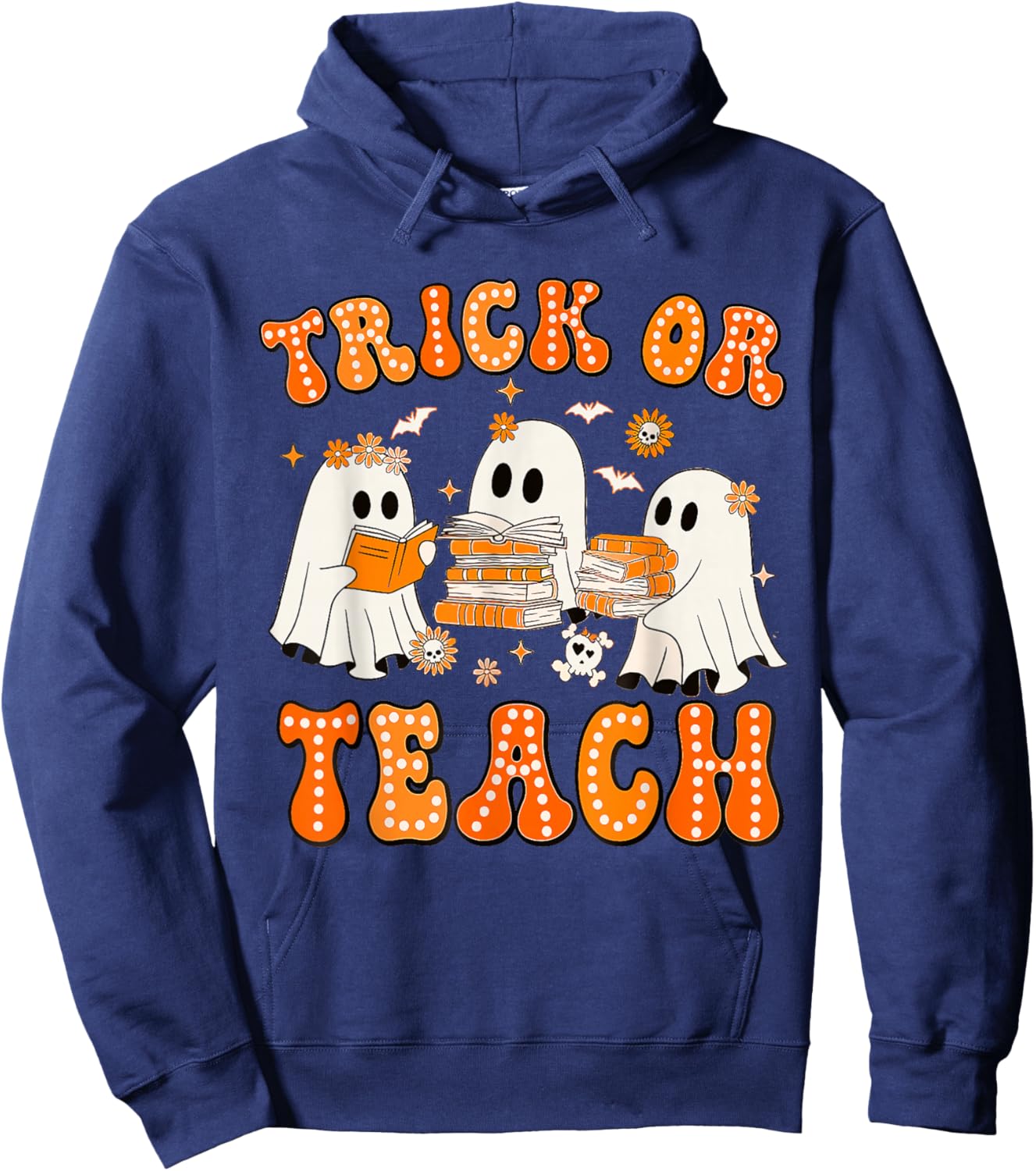 Teacher Halloween Trick or Teach Retro Groovy Floral Ghost Hoodie - Hoodie | Navy