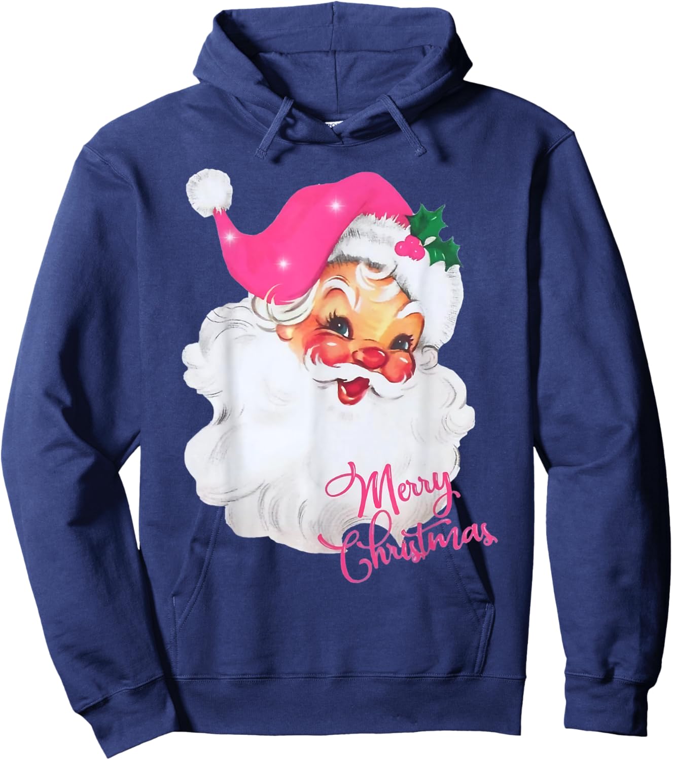 Vintage Pink Santa Claus Merry Christmas Pajamas Xmas Women Hoodie - Hoodie | Navy