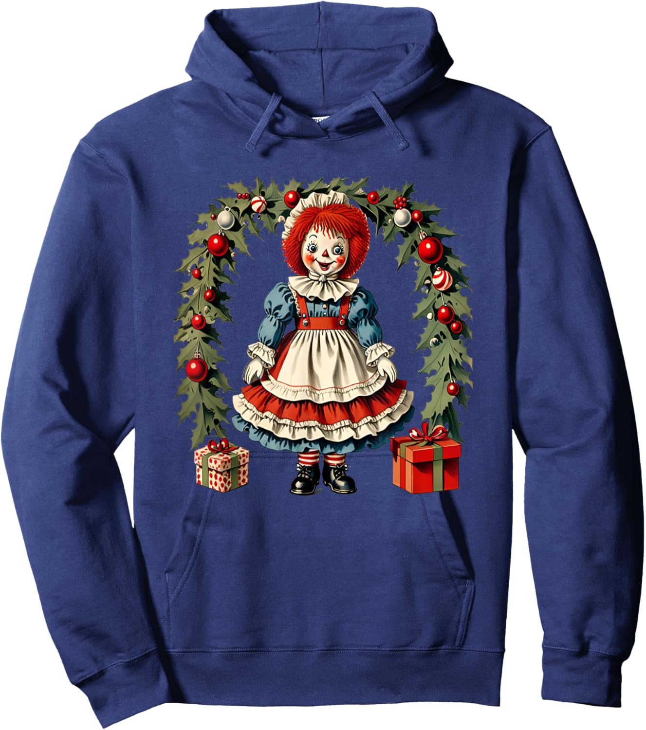 X-mas Children's Cloth Rag Doll Story Raggedy Ann Christmas Wreath and Presents Hoodie - Hoodie | Navy