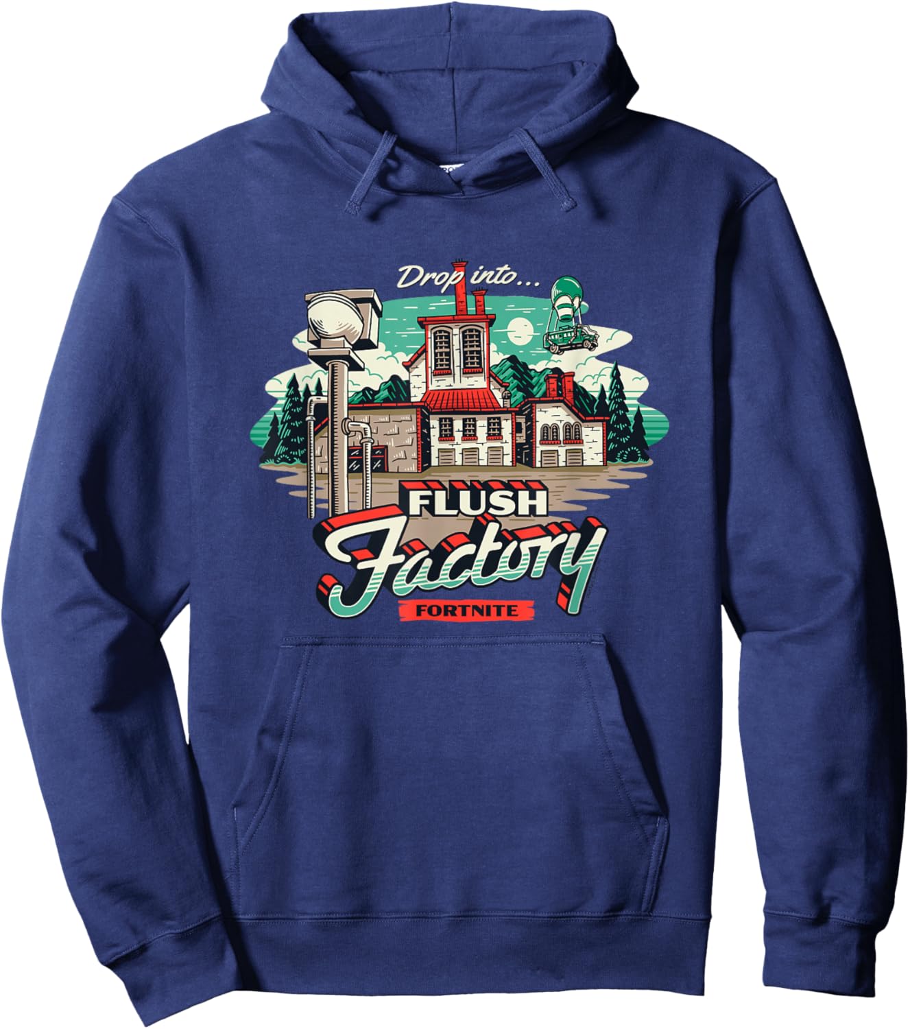 Fortnite Drop Into… Flush Factory Vintage Big Chest Poster Hoodie - Hoodie | Navy