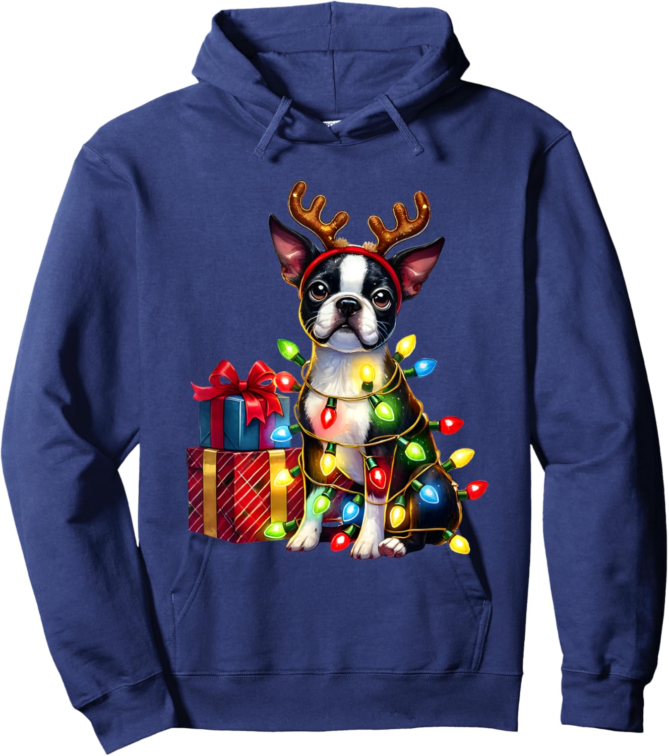 Pet Animal Boston Terrier Dog Reindeer Antlers Christmas Women Kids Hoodie - Hoodie | Navy