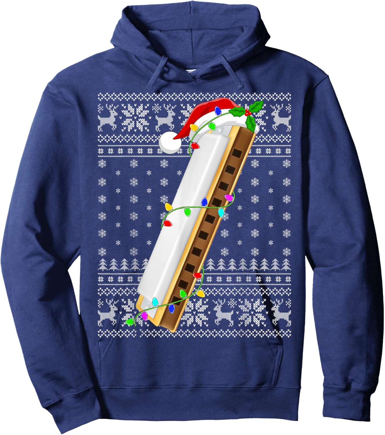 Ugly Sweater Xmas Lights Santa Musical Harmonica Christmas Hoodie - Hoodie | Navy