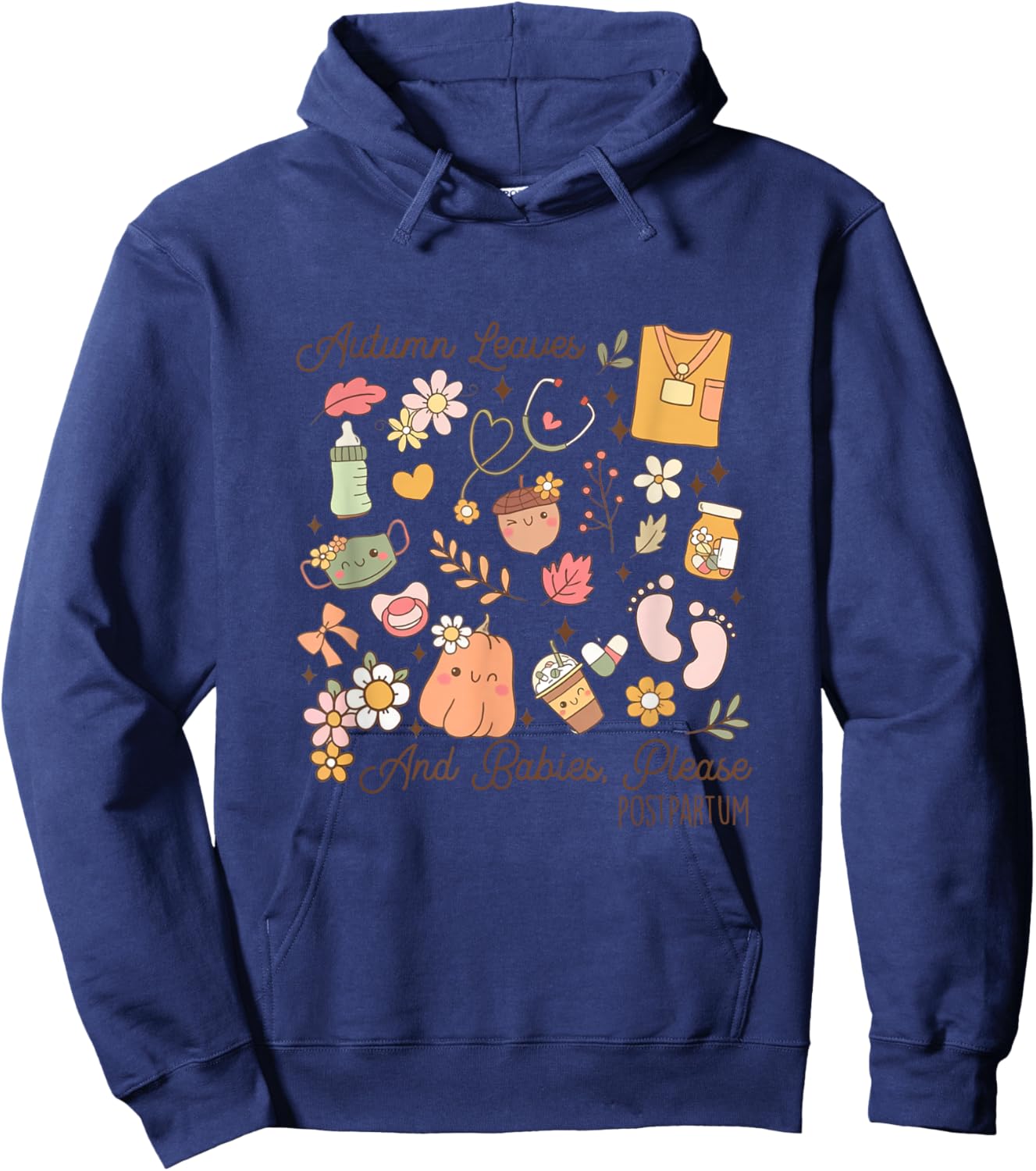 Retro Groovy Postpartum Cute Nurse Crew Fall Thanksgiving Hoodie - Hoodie | Navy