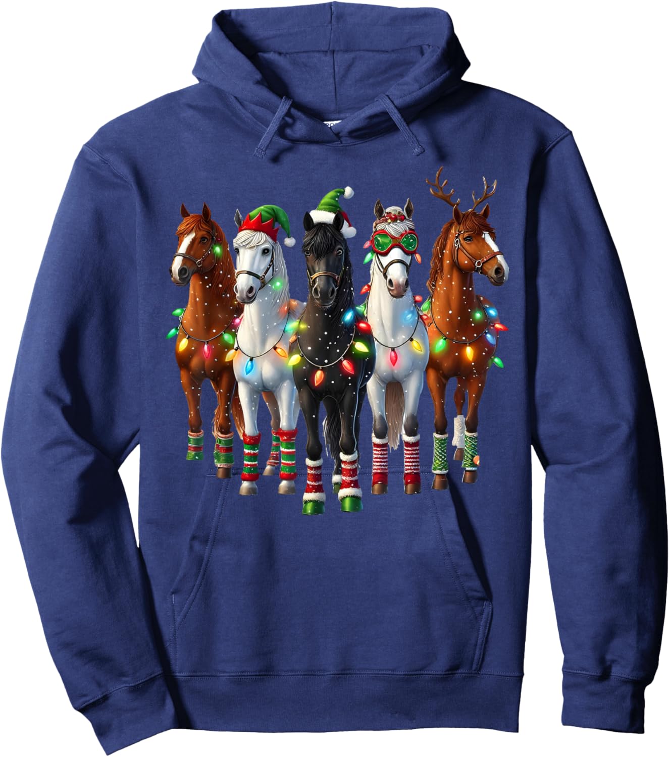 Horse Santa Reindeer ELF Christmas Lights Hoodie - Hoodie | Navy