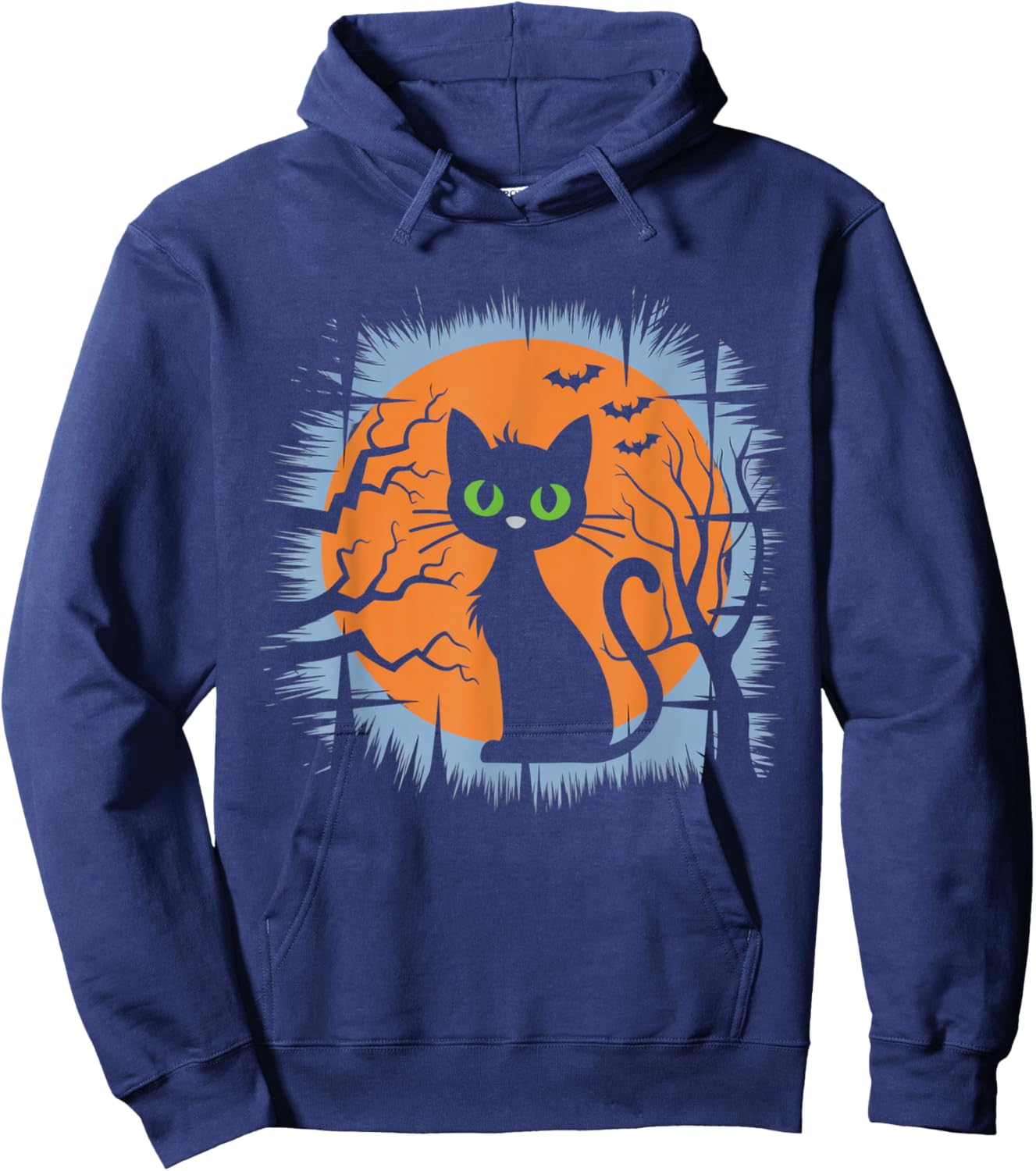 Vintage Halloween Black Cat with Bats and Full Moon Design Hoodie - Hoodie | Navy