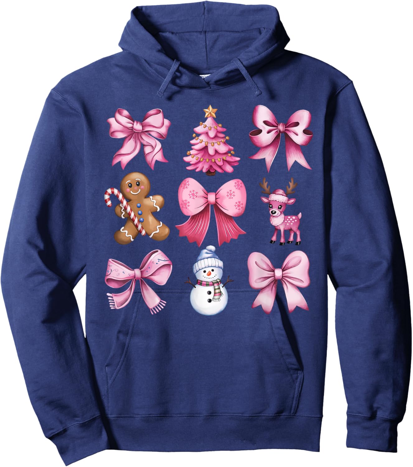 Cute Preppy Pink Christmas Tree Gingerbread Man Snowman Bow Hoodie - Hoodie | Navy