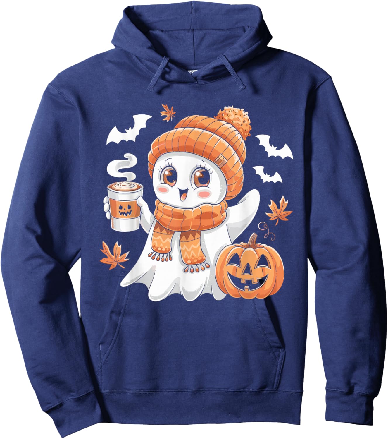 Cute Ghost Drinking Coffee Halloween Ghost Ice Coffee Hoodie - Hoodie | Navy