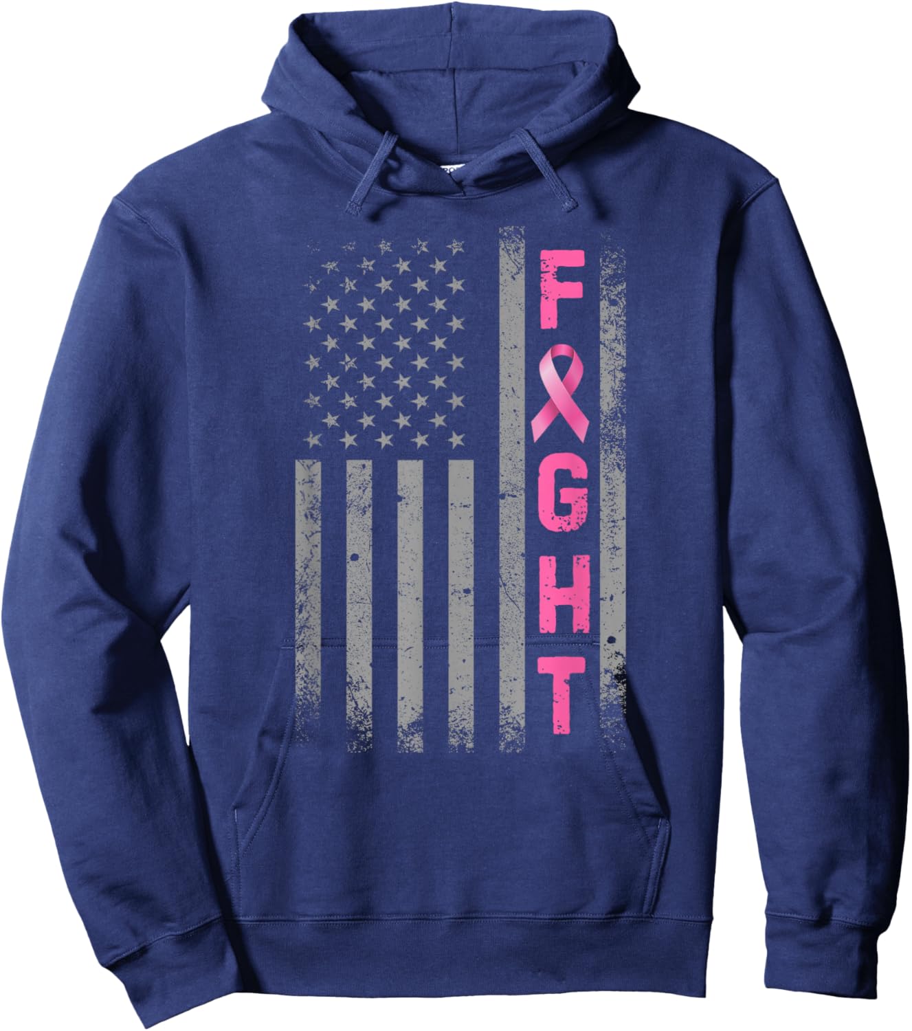 Fight Breast Cancer Awareness Pink Ribbon USA American Flag Hoodie - Hoodie | Navy