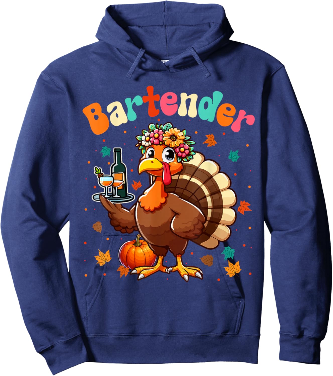 Bartender Job Thanksgiving Flowers Turkey Matching Team Hoodie - Hoodie | Navy