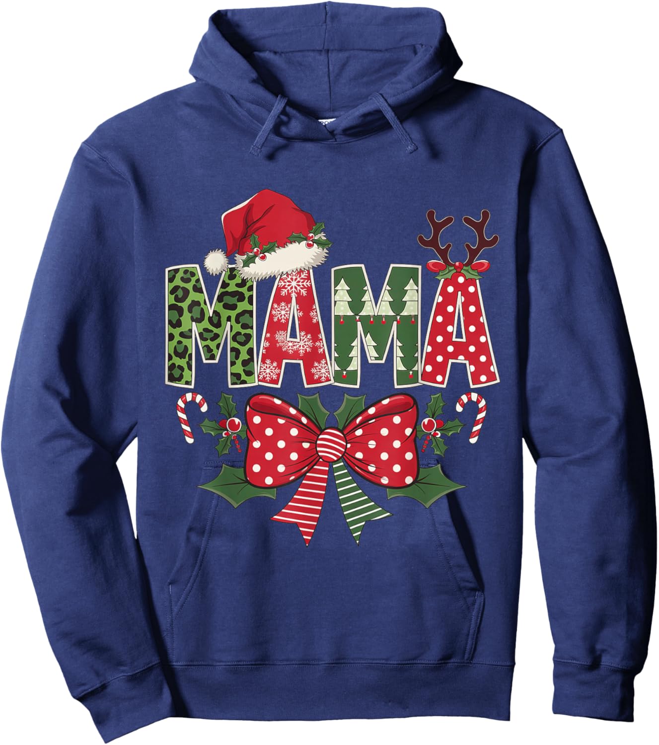 Mama Claus Santa Hat Coquette Bow Christmas Pajama Matching Hoodie - Hoodie | Navy