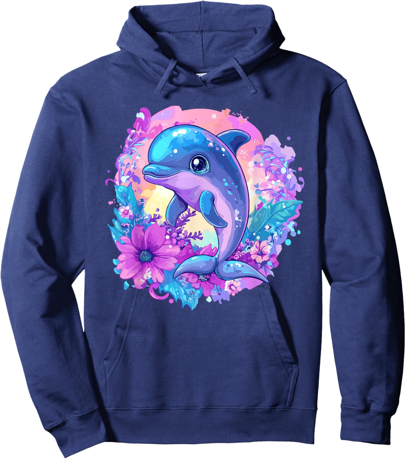 Playful Dolphin Surrounded By Flowers Hoodie - Hoodie | Navy