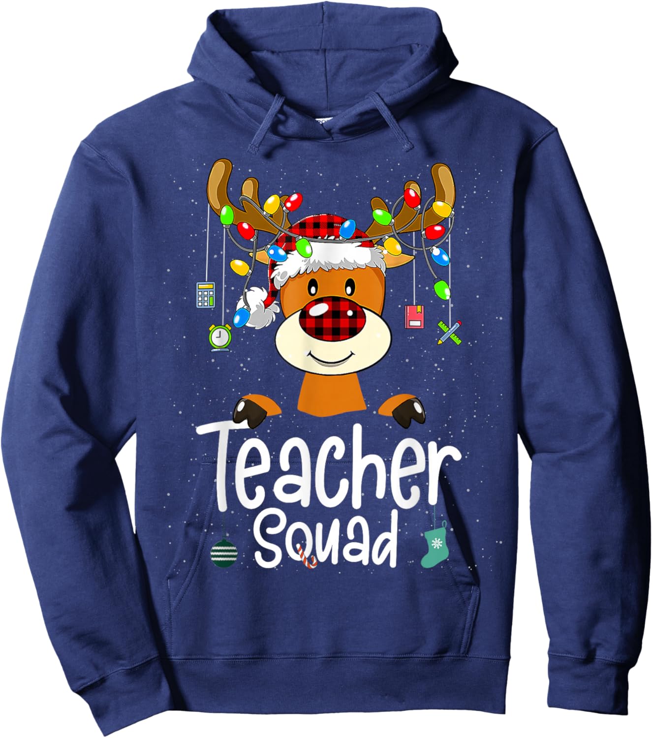 Teacher Squad Red Black Plaid Rudolph Reindeer Christmas Hoodie - Hoodie | Navy