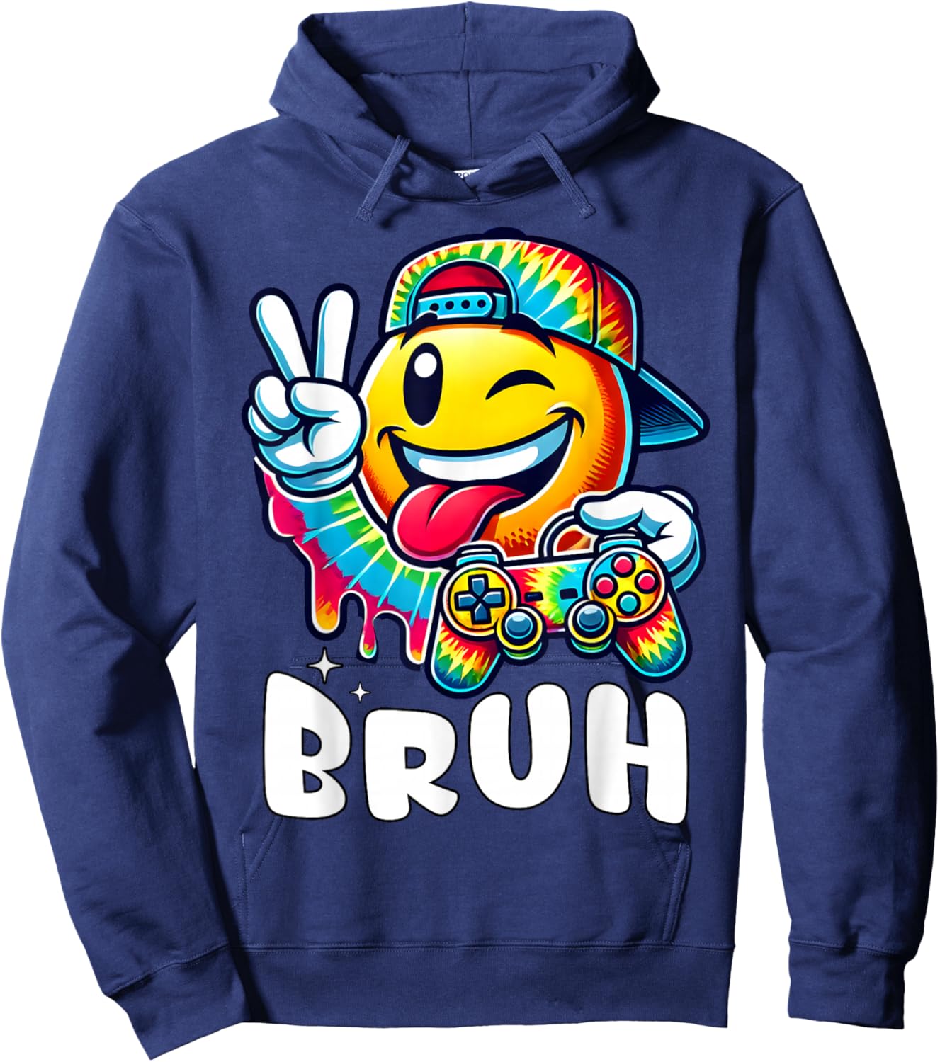 Groovy Tie Dye Gaming Funny Bruh Boys Peace Sign Gamer Kids Hoodie - Hoodie | Navy