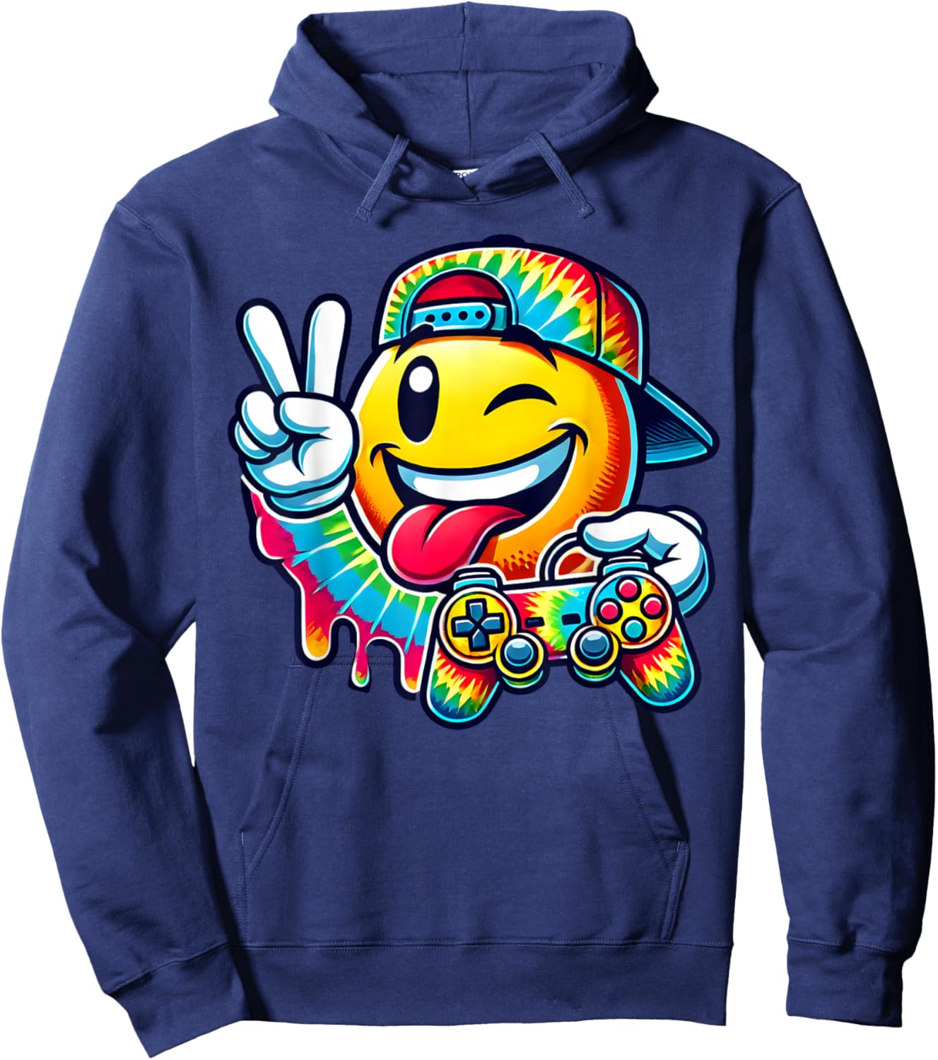 Groovy Tie Dye Gaming Boys 70s Retro Smile Peace Sign Gamer Hoodie - Hoodie | Navy
