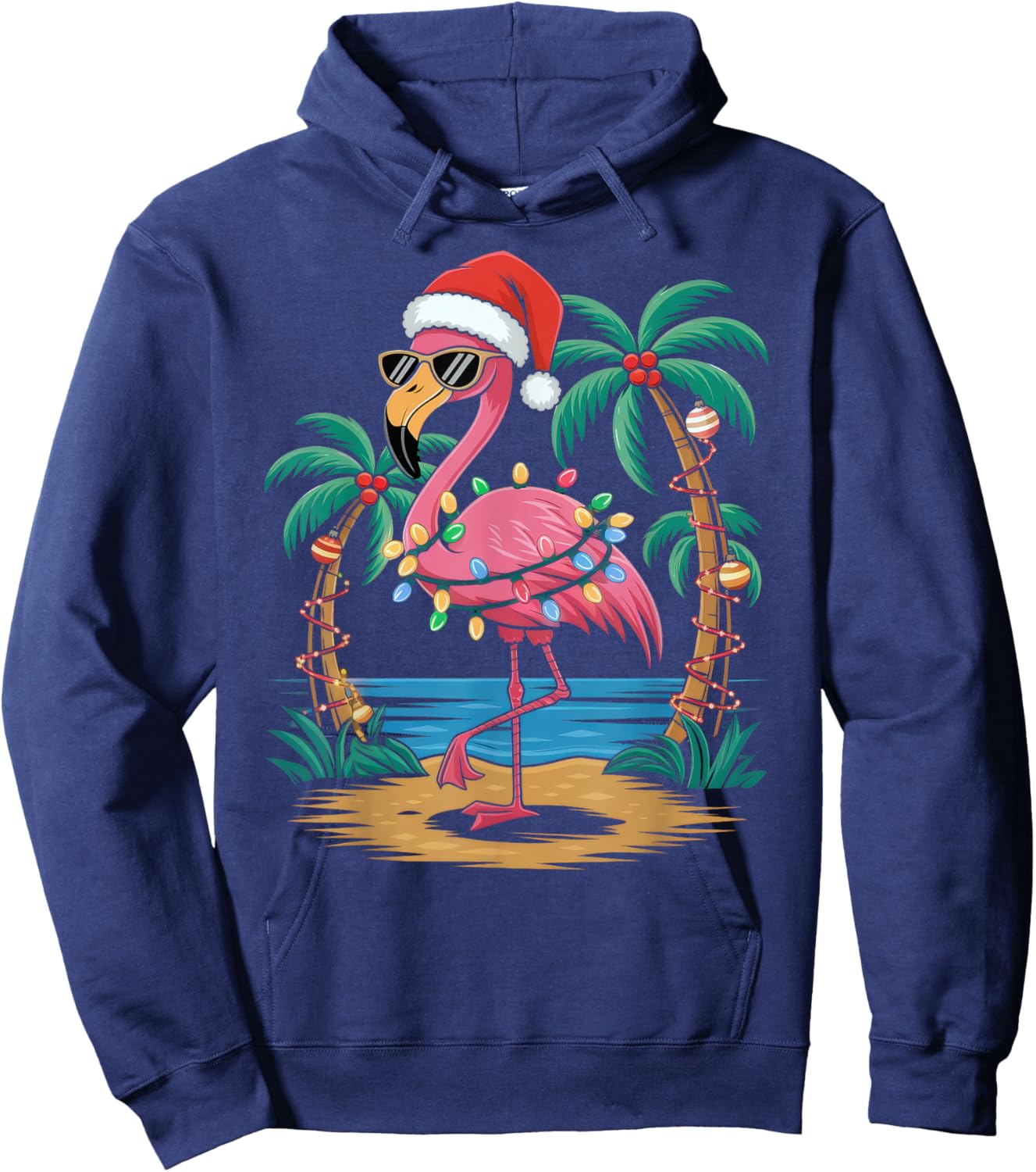 Santa Flamingo Christmas Lights Tropical Palms Tree Beach Hoodie - Hoodie | Navy