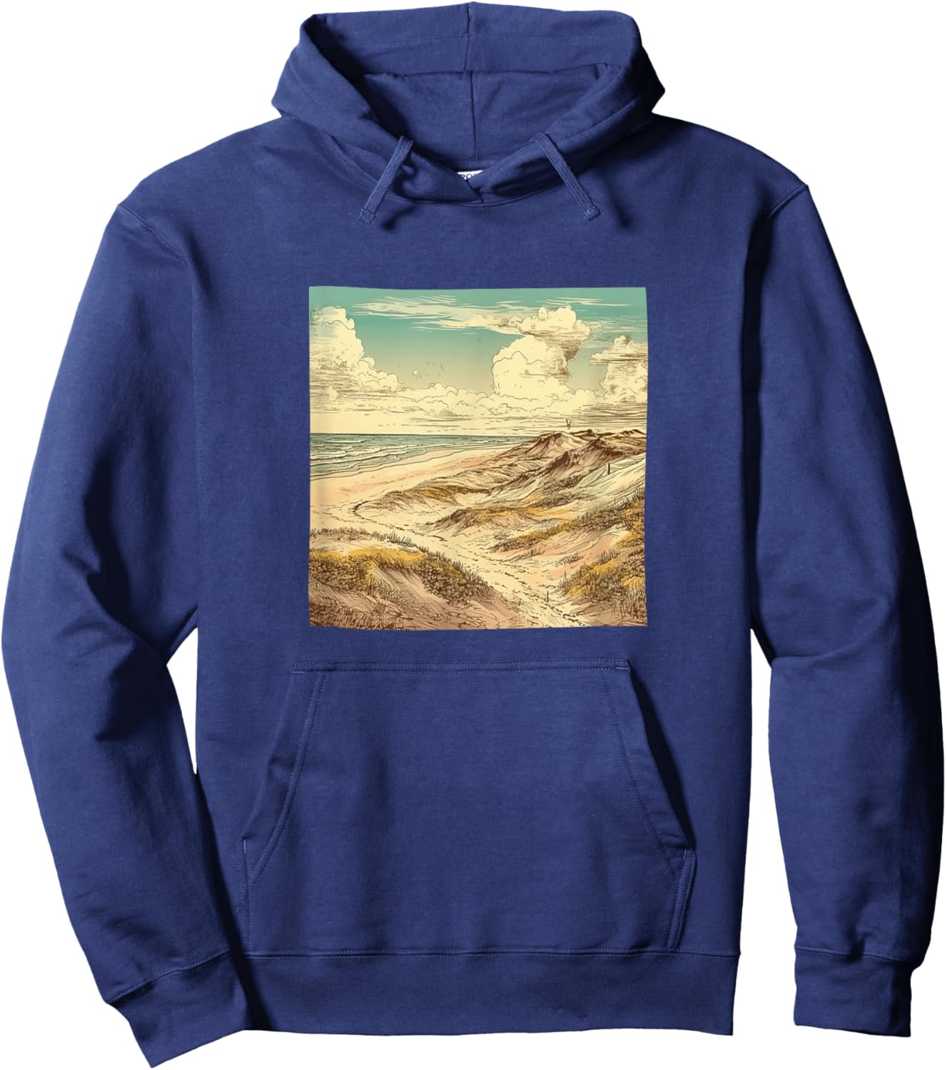 Sandy Beach With Dunes Vintage Landscape Graphic Hoodie - Hoodie | Navy