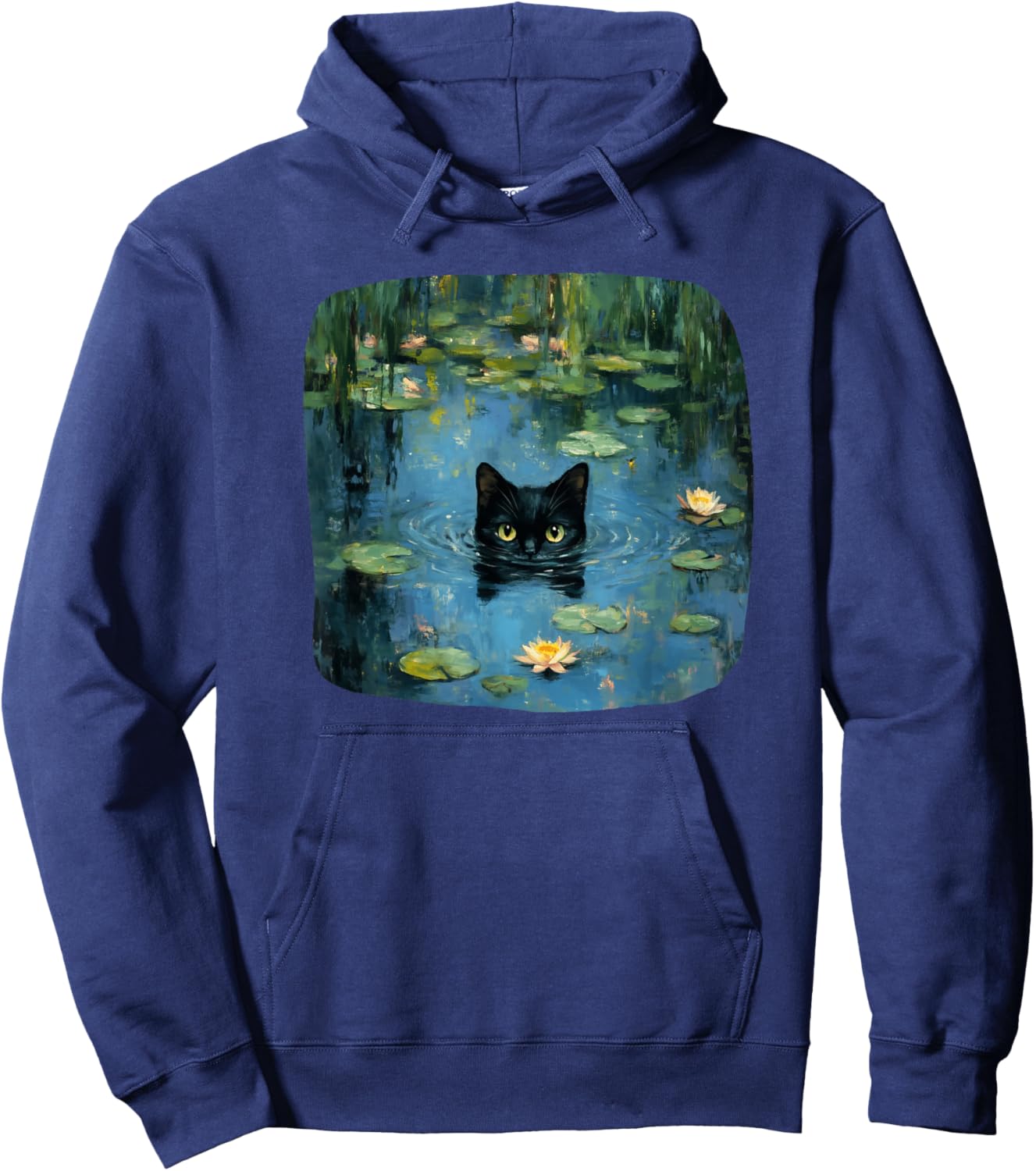 Mystical Black Cat Swimming in Waterlily Pond Art Lover Men Women Kids Hoodie - Hoodie | Navy