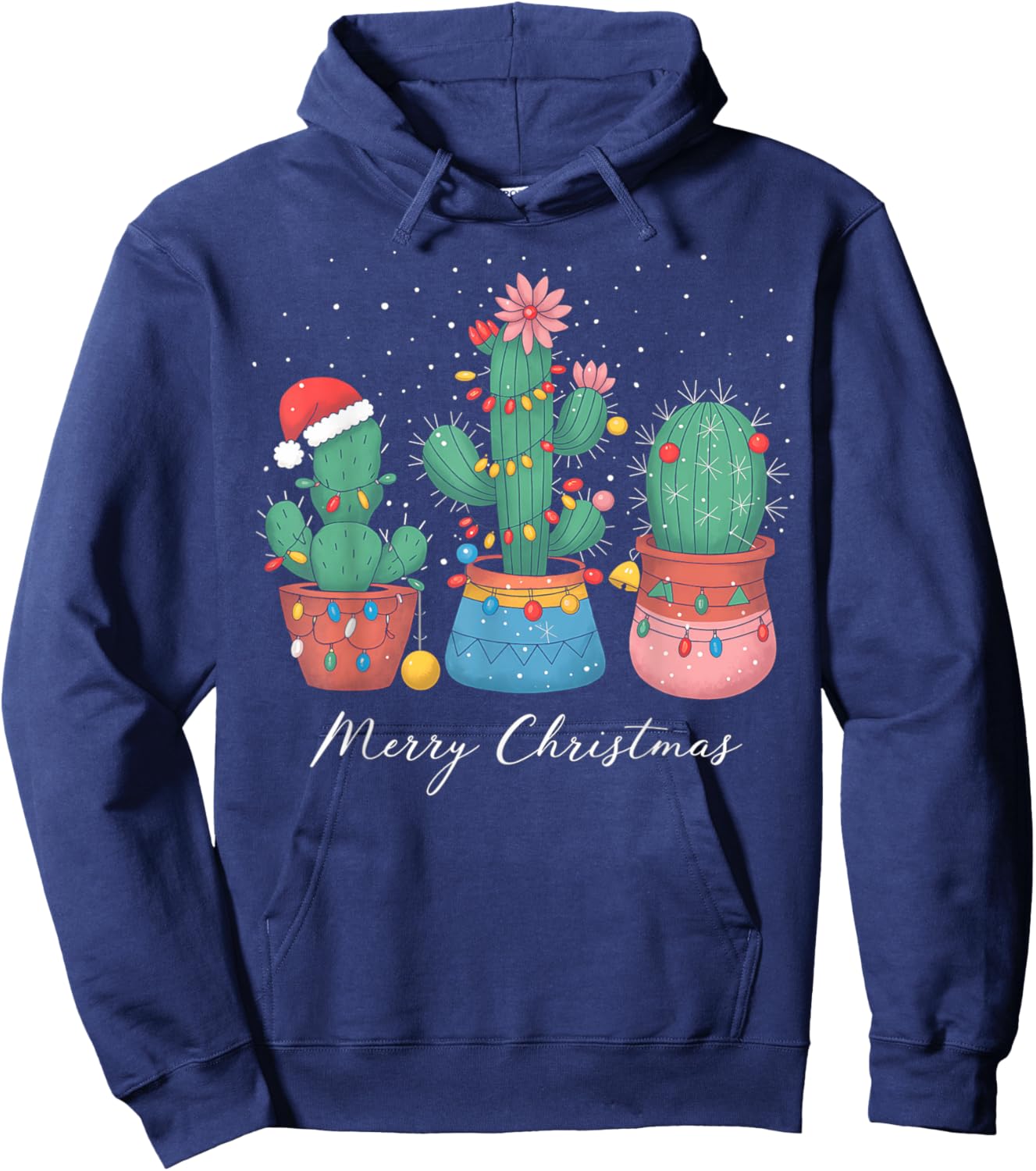 Merry Christmas Cactus Tree Lights Cactus Lover Funny Xmas Hoodie - Hoodie | Navy