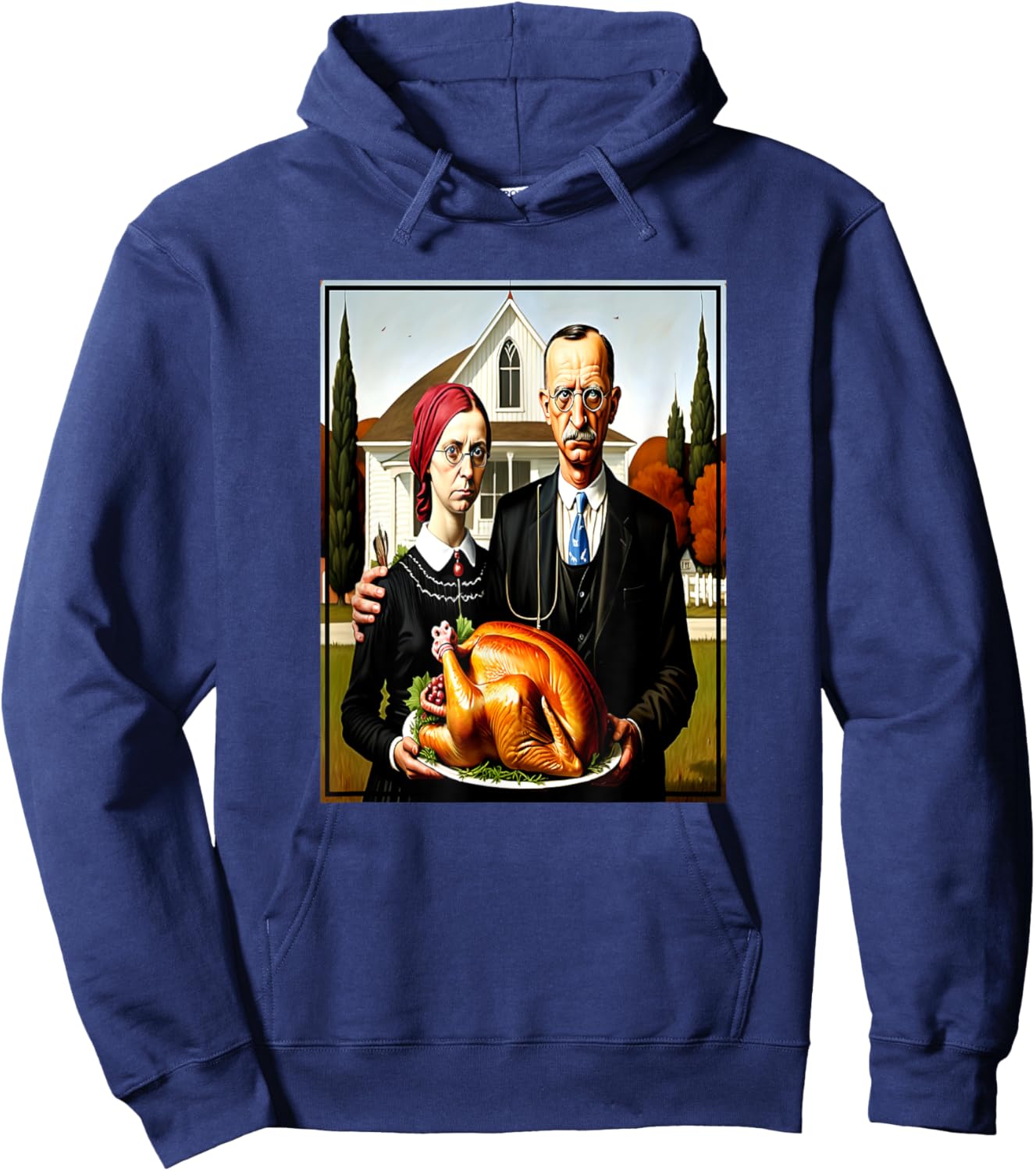 Thanksgiving Dinner American Gothic Parody Painting Hoodie - Hoodie | Navy