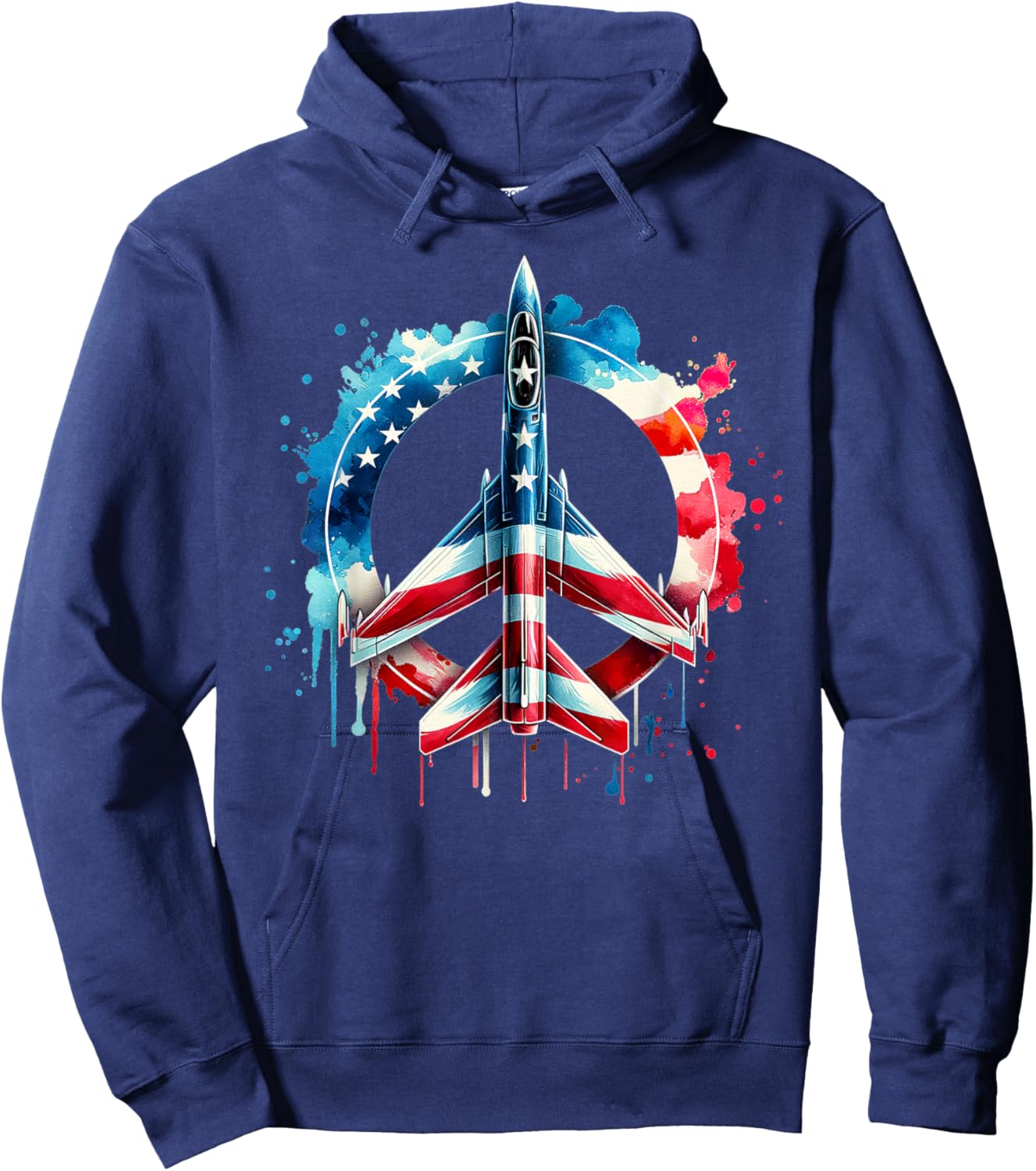 Flying Jet American Flag Peace Sig USA Patriotic July 4th Hoodie - Hoodie | Navy