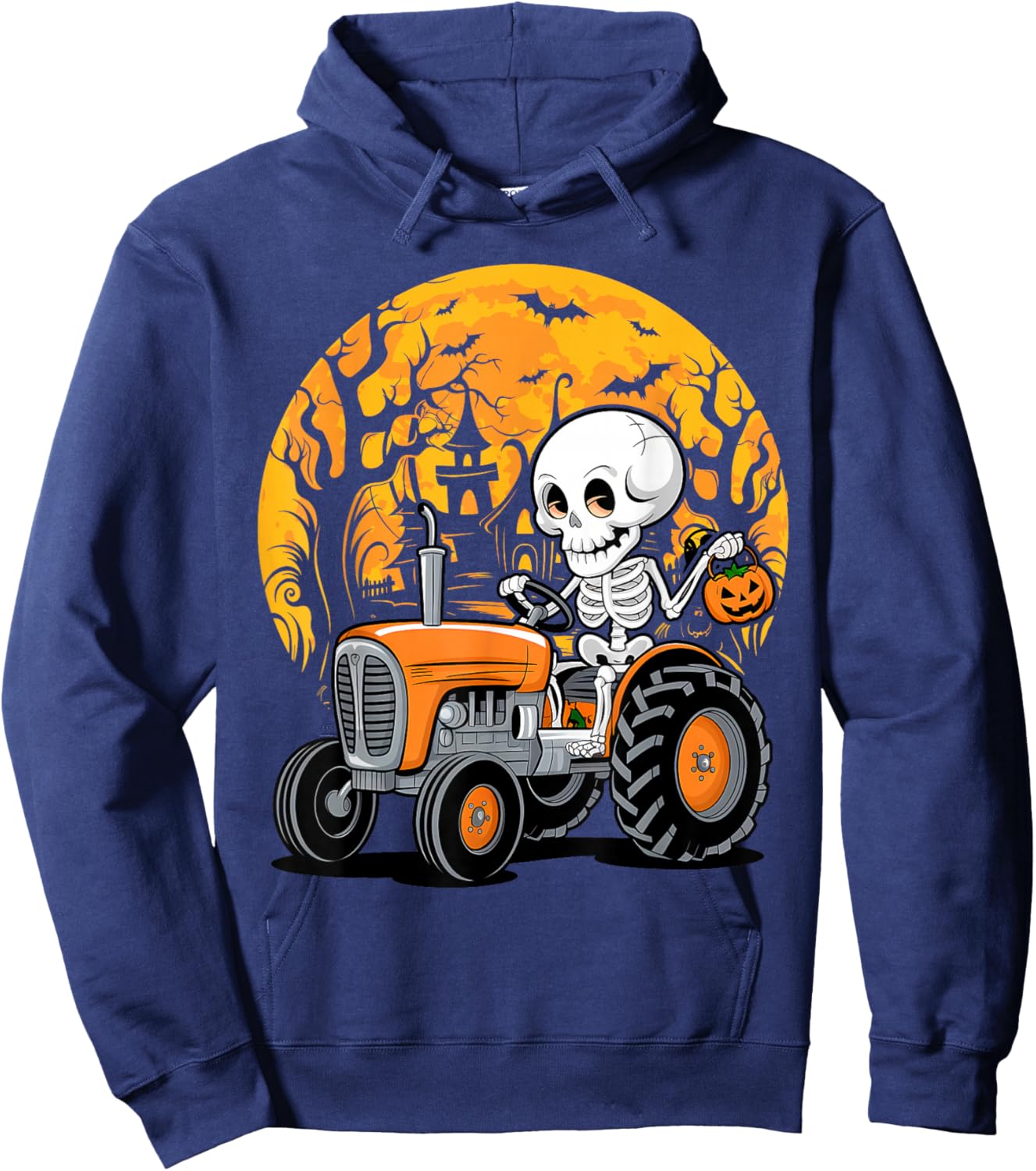 Skeleton Riding Tractor Funny Halloween Hoodie - Hoodie | Navy