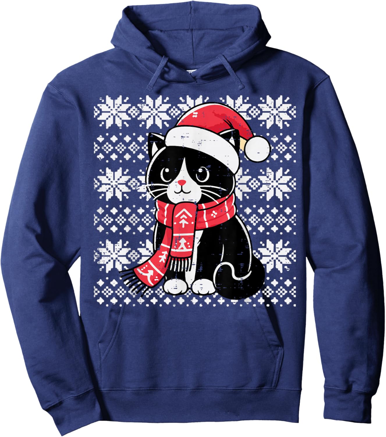 Christmas Tuxedo Cat Santa Scarf Ugly Xmas Women Girls Kids Hoodie - Hoodie | Navy