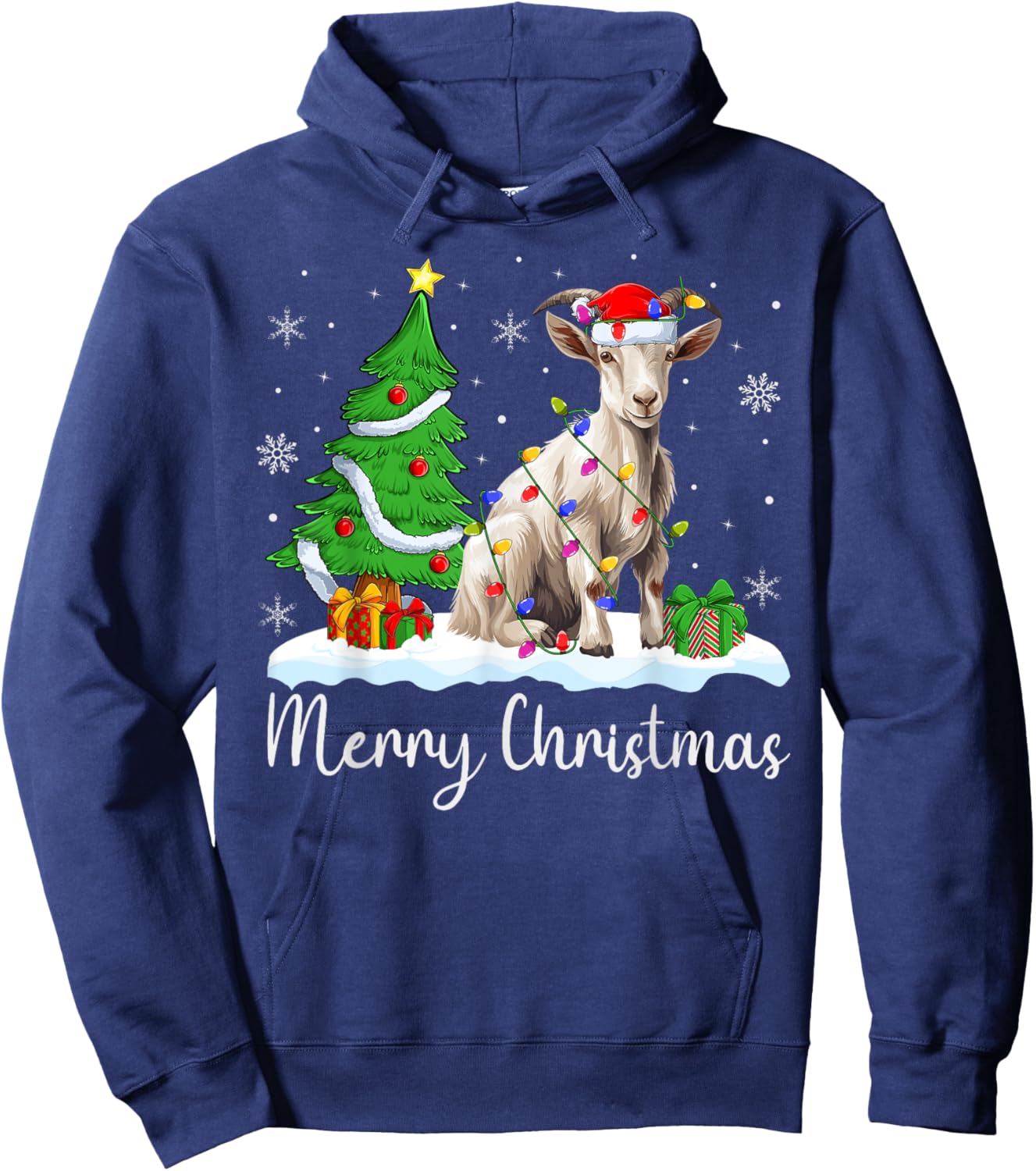 Goat Xmas Lighting Santa Hat Goat Merry Christmas Tree Hoodie - Hoodie | Navy