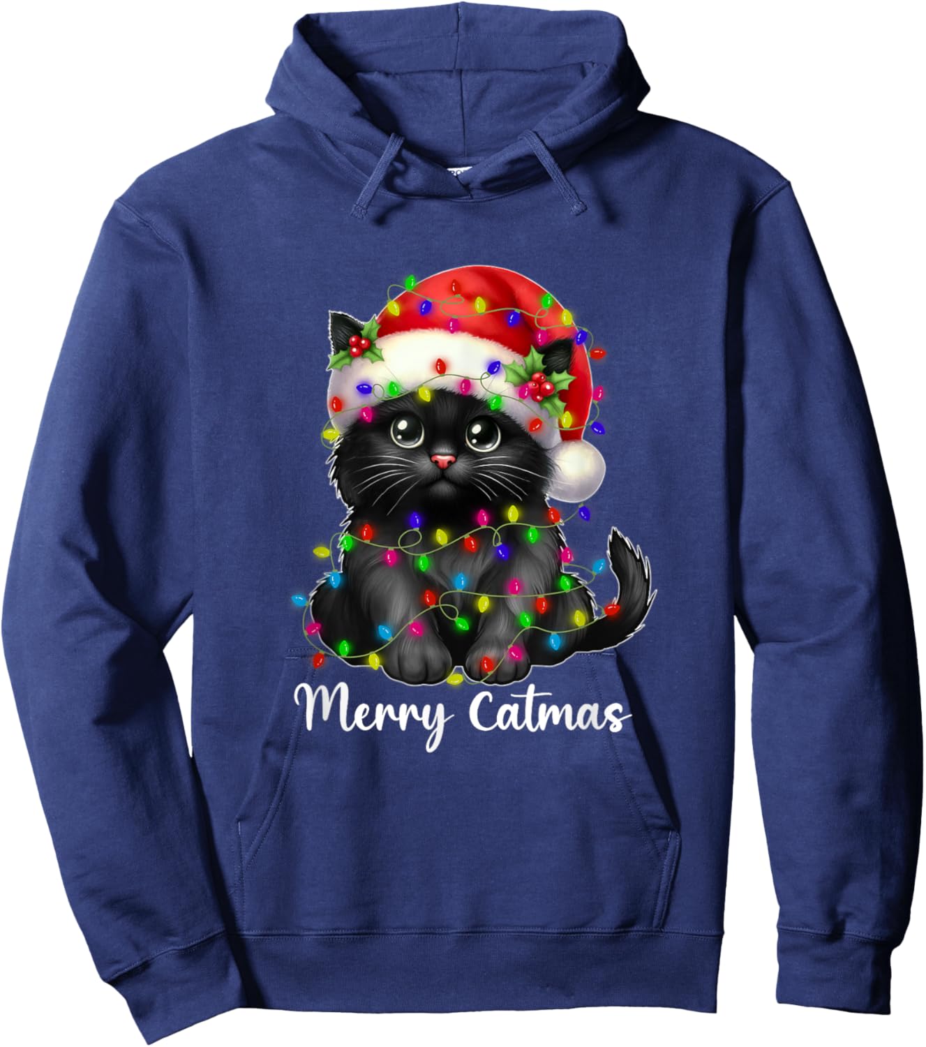 Merry Catmas Black Cat Christmas Light Xmas Family Men Women Hoodie - Hoodie | Navy