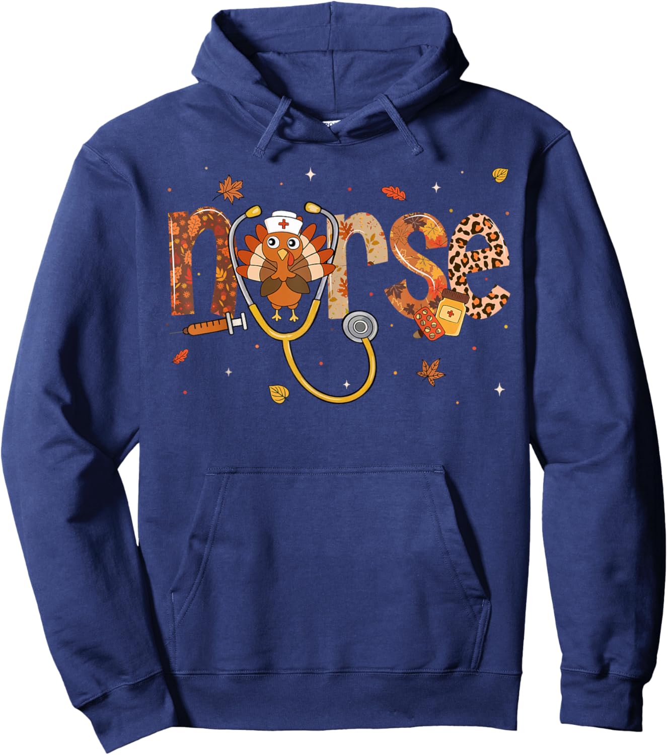 Thanksgiving Nurse Shirts Women Girls Turkey Fall Scrub Top Hoodie - Hoodie | Navy