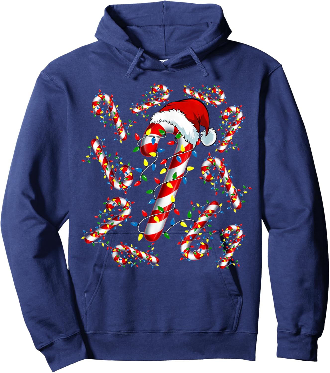 Red and White Candy Cane Santa Funny Christmas Xmas Lights Hoodie - Hoodie | Navy