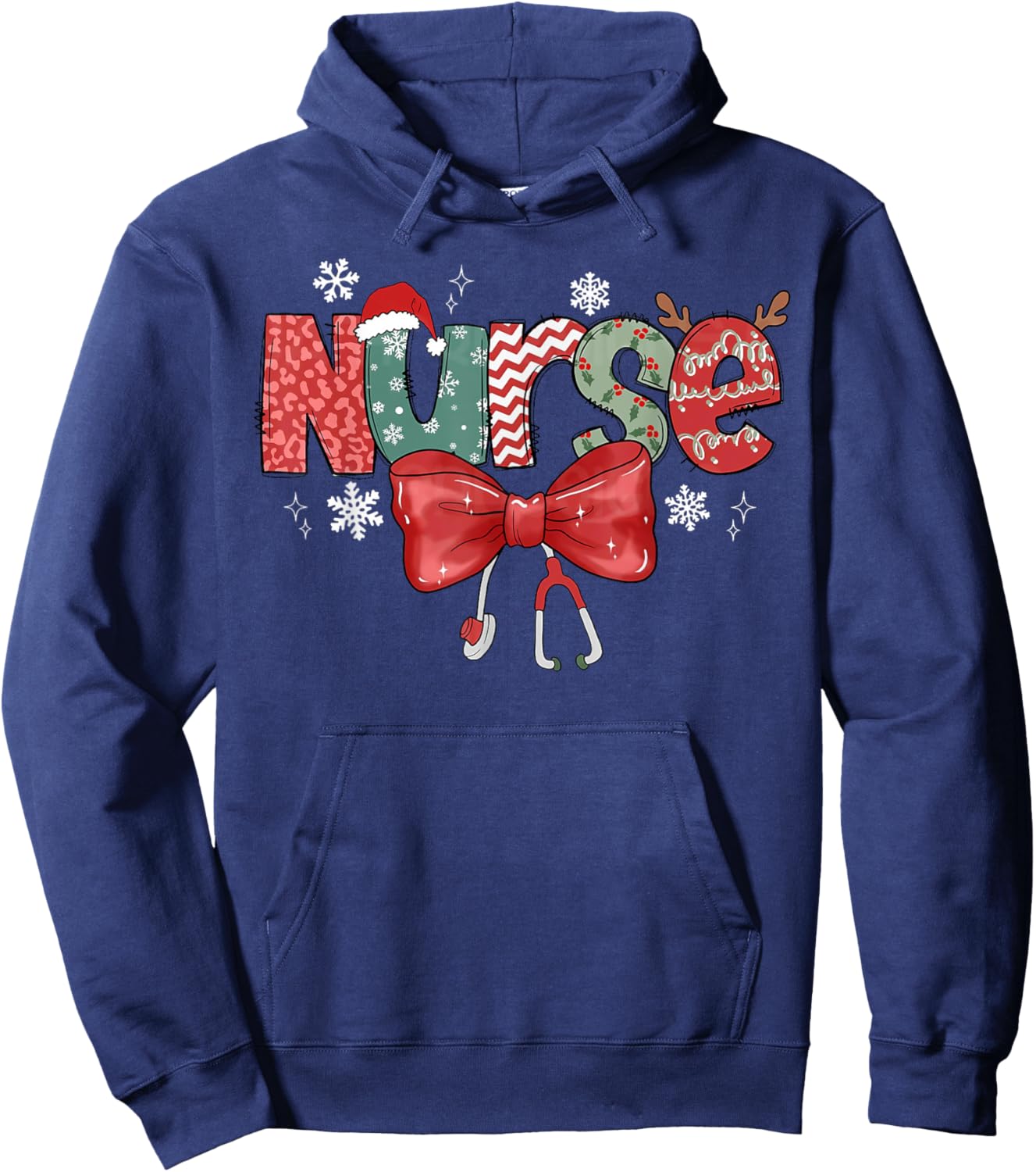 Nurse Christmas Stethoscope Coquette Bow Pajamas Holiday Hoodie - Hoodie | Navy